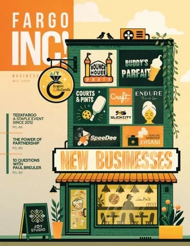 Fargo INC! May 2026 cover: New Businesses, an illustrated storefront of local business signs