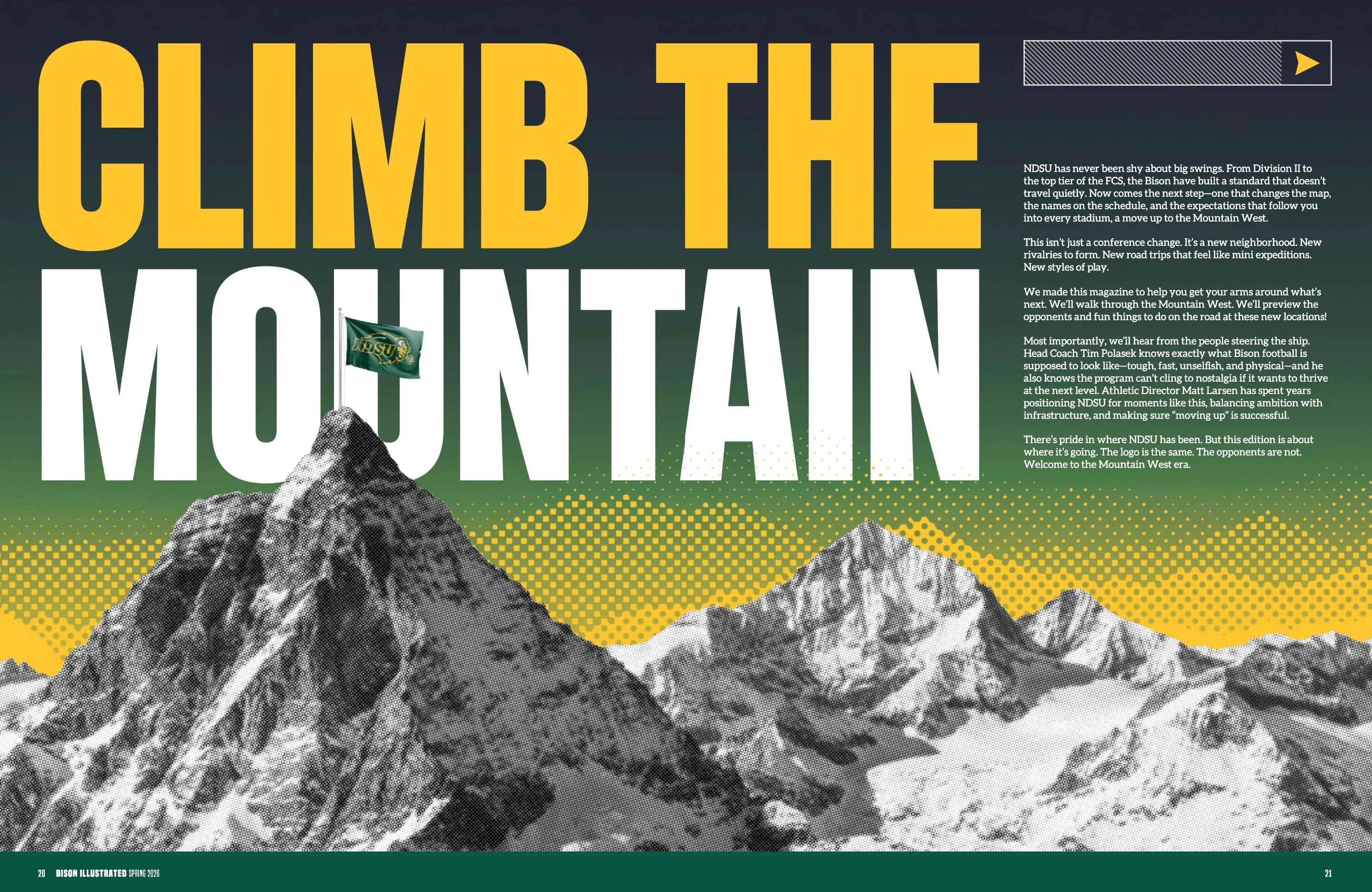 Climb the Mountain. Bison Illustrated Spring 2026; original photography, page design and credits.