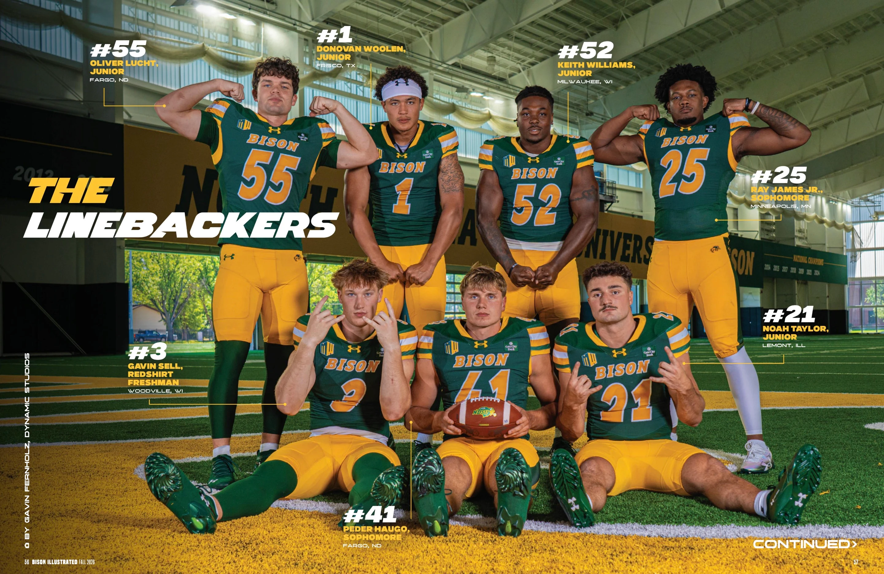 The Linebackers. Bison Illustrated Fall 2026; original photography, page design and credits.