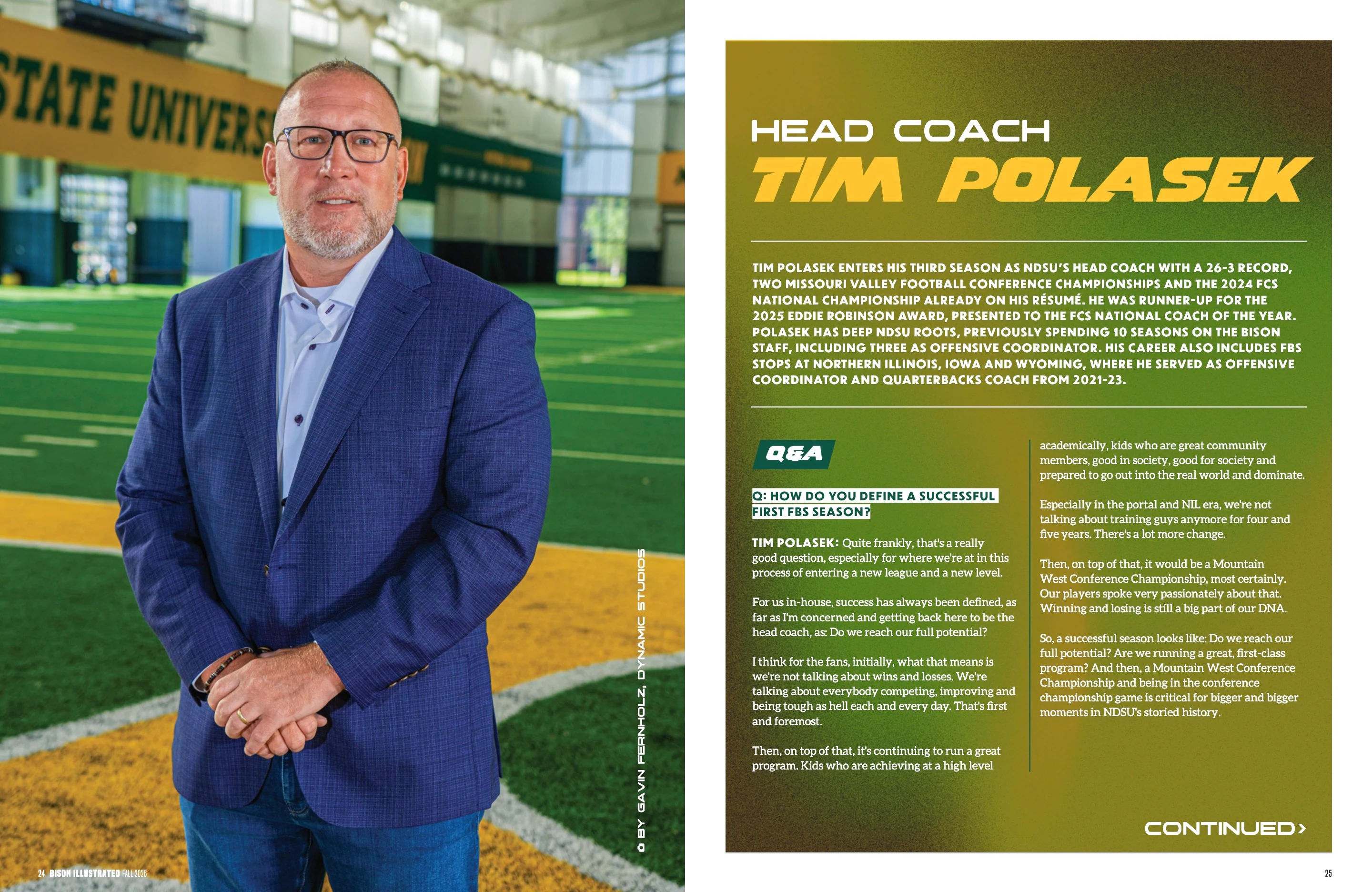 Head Coach Tim Polasek. Bison Illustrated Fall 2026; original photography, page design and credits.