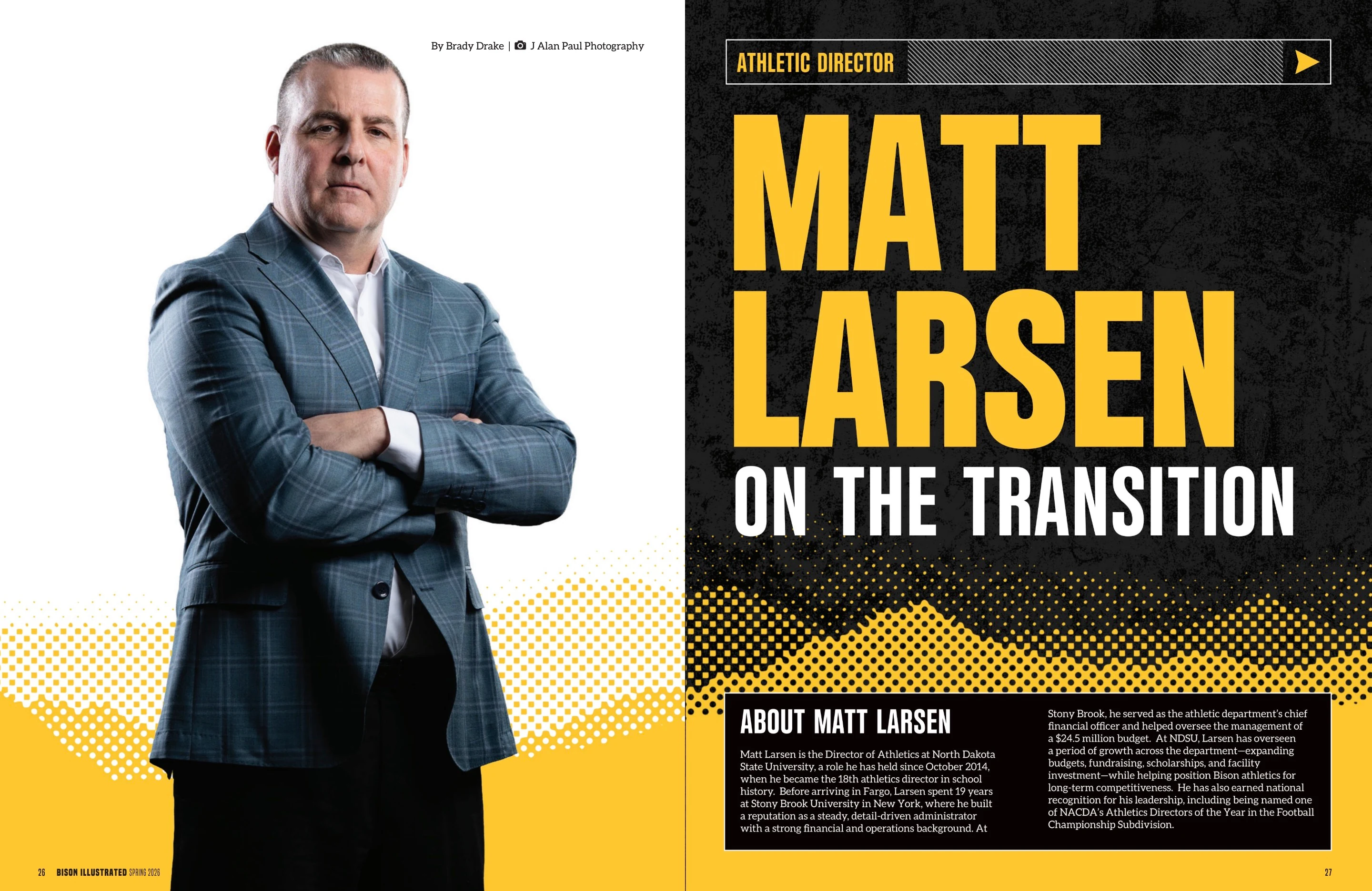 Matt Larsen on the Transition. Bison Illustrated Spring 2026; original photography, page design and credits.