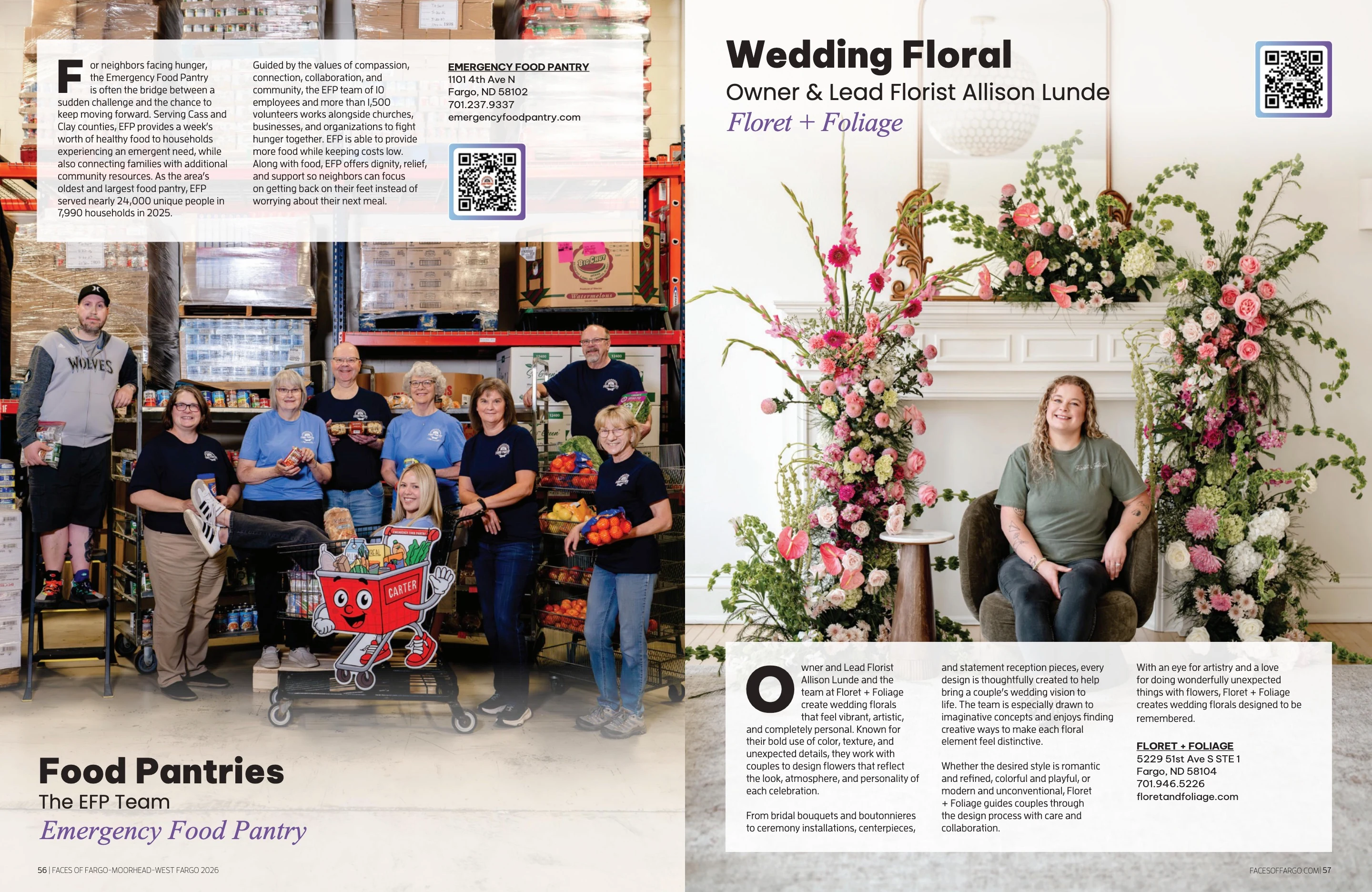 Emergency Food Pantry & Floret + Foliage. Faces of Fargo-Moorhead-West Fargo 2026; original photography, page design and credits.