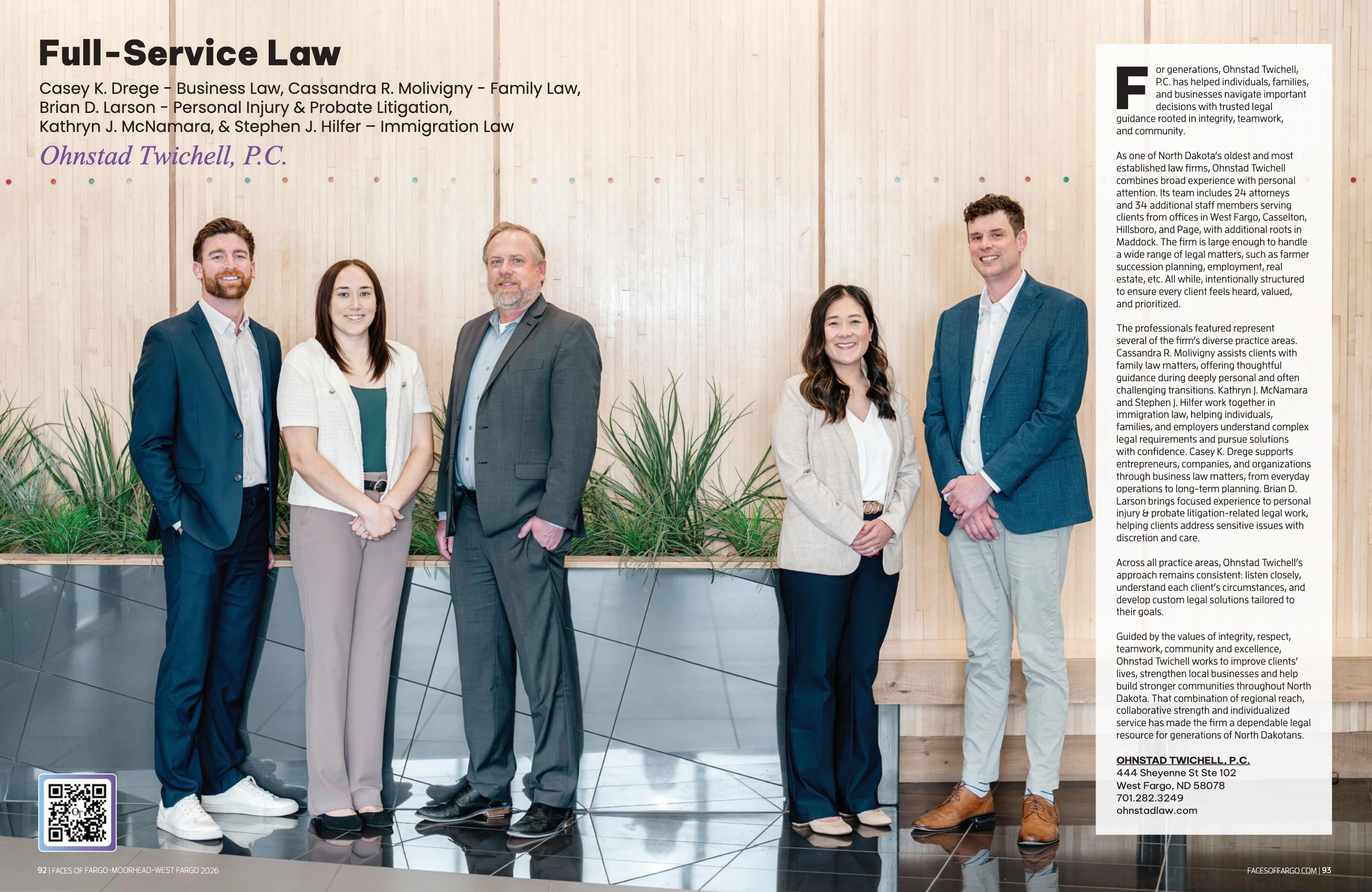 Ohnstad Twichell — Full-Service Law. Faces of Fargo-Moorhead-West Fargo 2026; original photography, page design and credits.