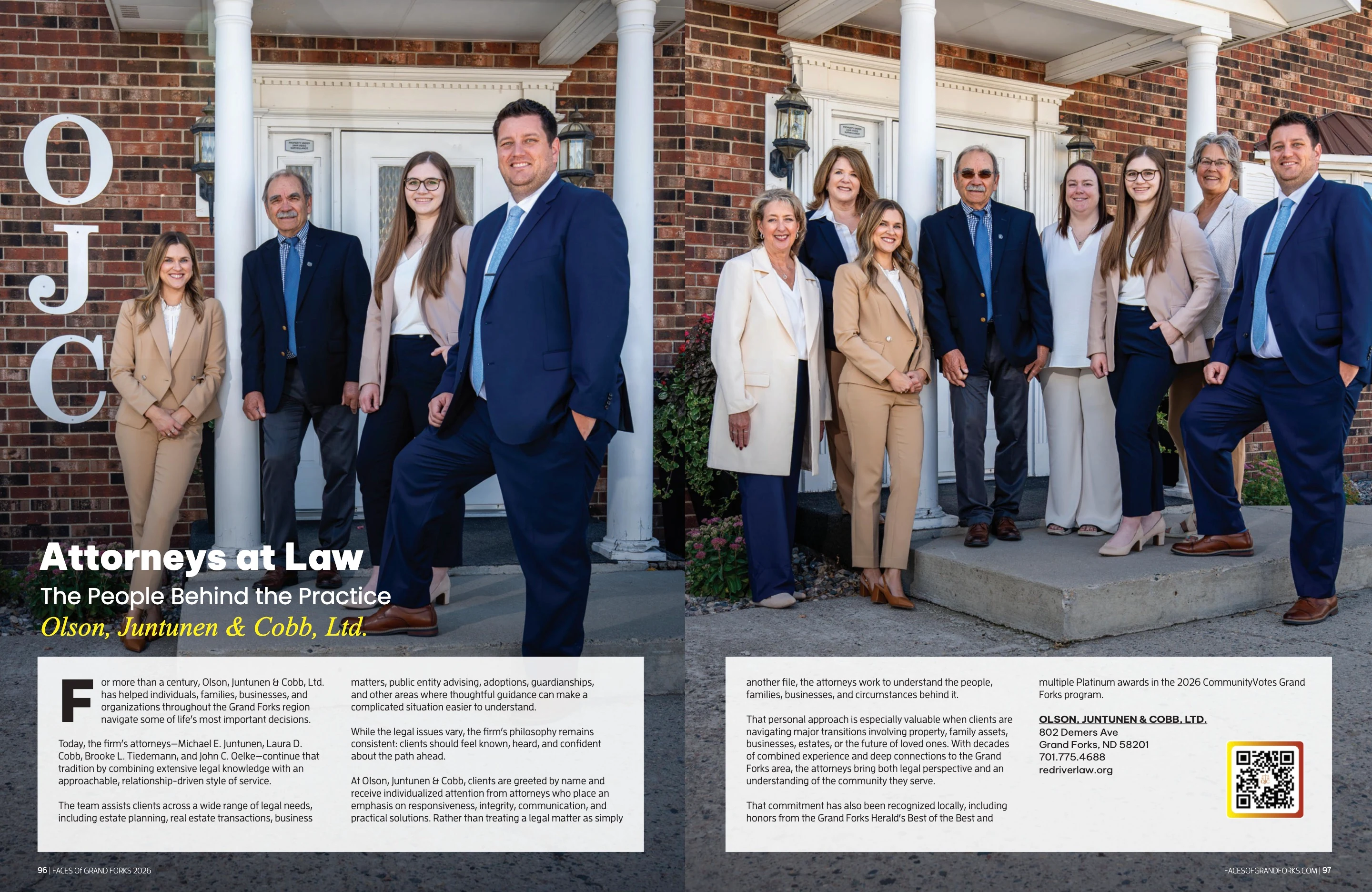 Olson, Juntunen & Cobb — The People Behind the Practice. Faces of Greater Grand Forks 2026; original photography, page design and credits.