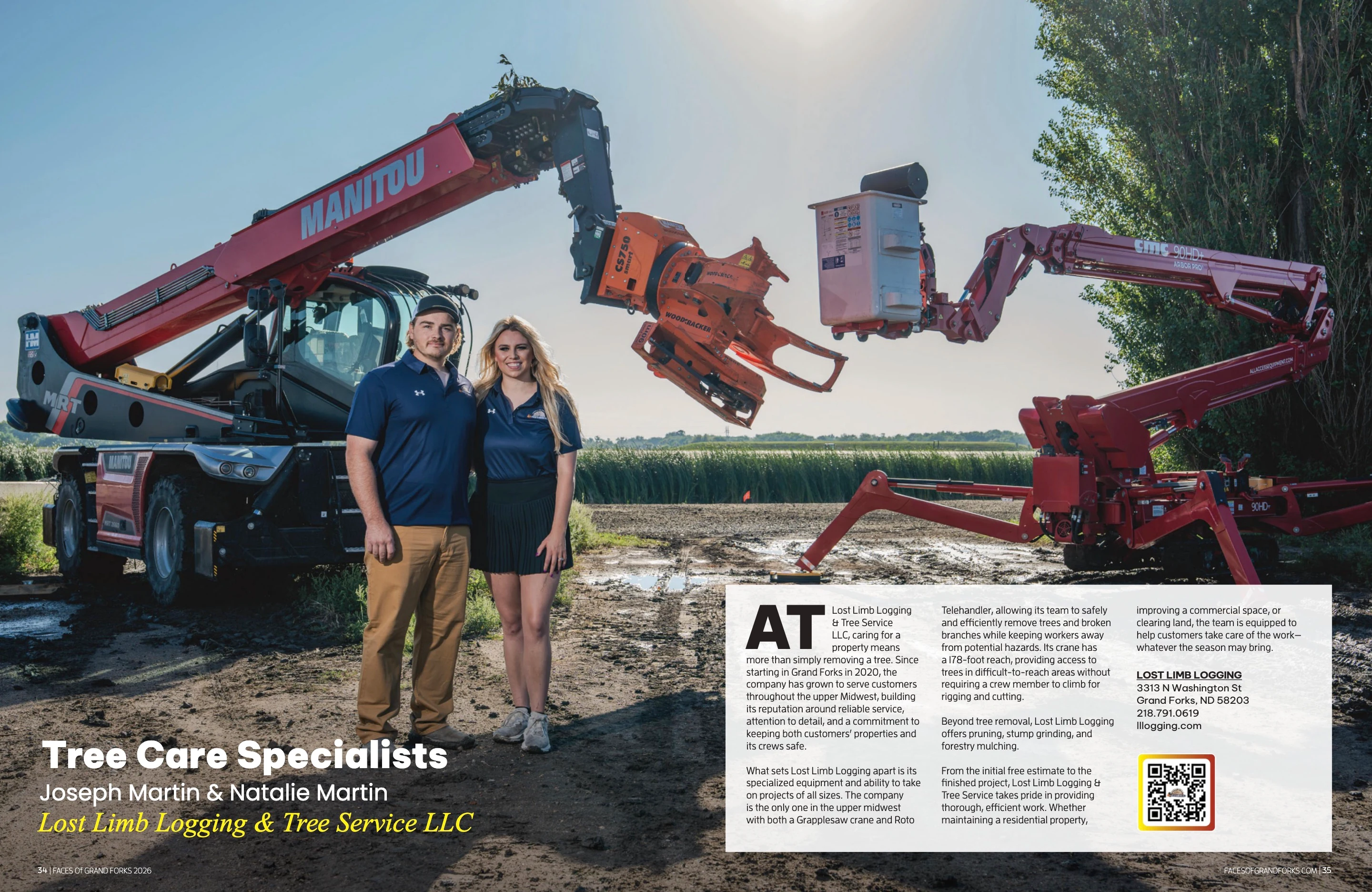 Lost Limb Logging & Tree Service. Faces of Greater Grand Forks 2026; original photography, page design and credits.