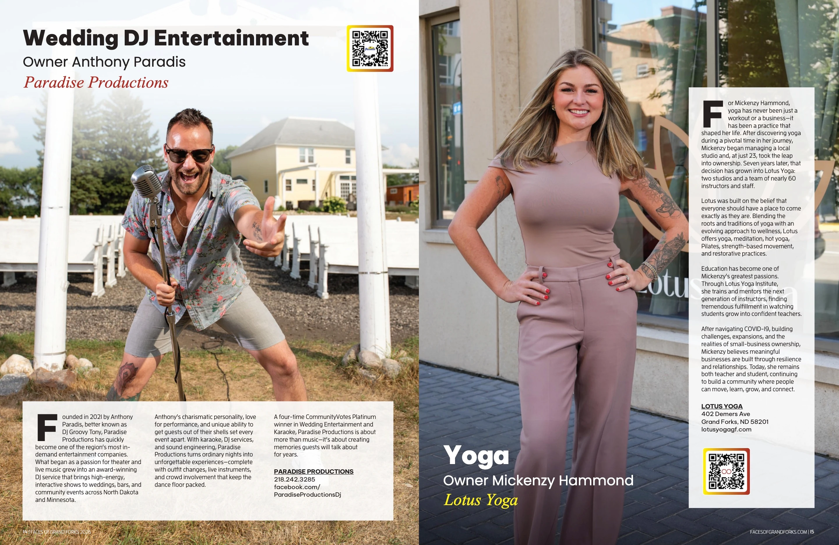 Paradise Productions & Lotus Yoga. Faces of Greater Grand Forks 2026; original photography, page design and credits.