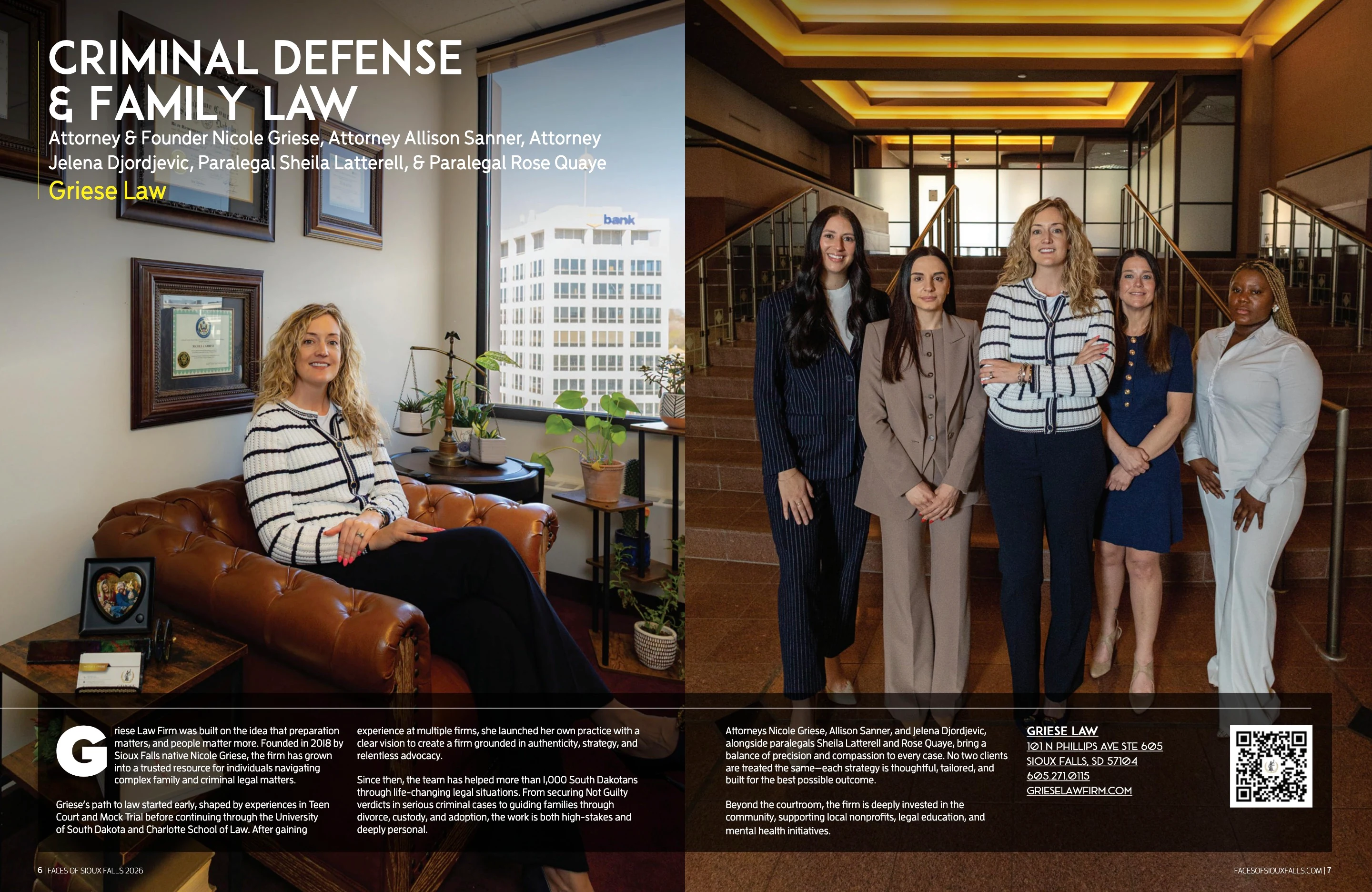 Griese Law — Criminal Defense & Family Law. Faces of Sioux Falls 2026; original photography, page design and credits.