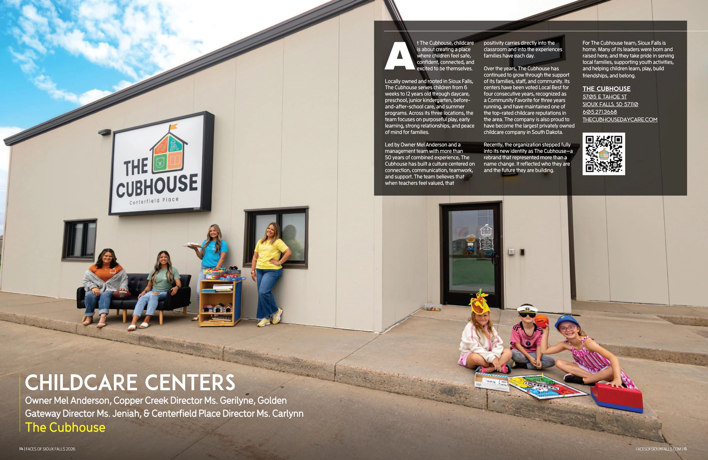 The Cubhouse — Childcare Centers. Faces of Sioux Falls 2026; original photography, page design and credits.