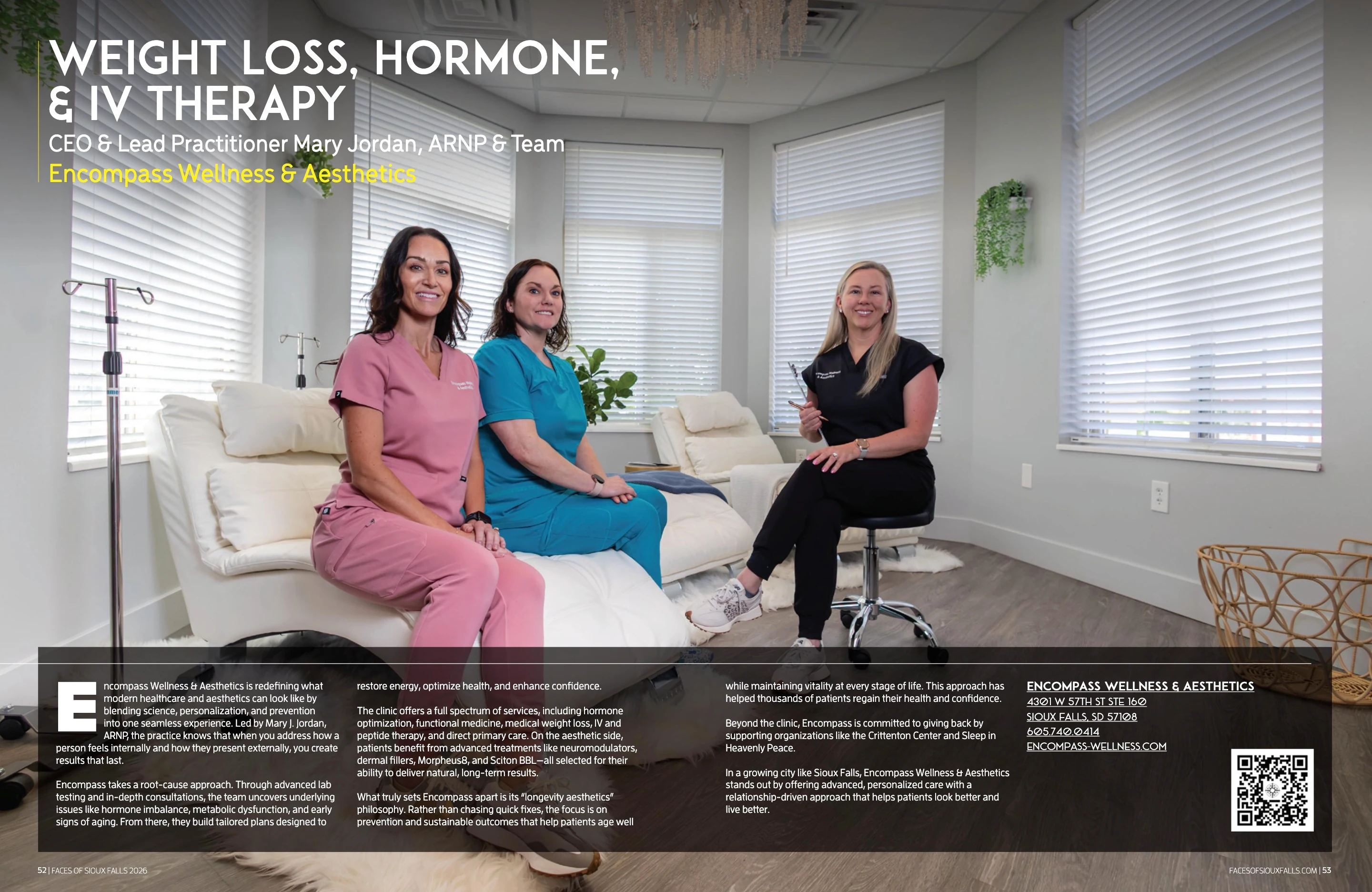Encompass Wellness & Aesthetics. Faces of Sioux Falls 2026; original photography, page design and credits.