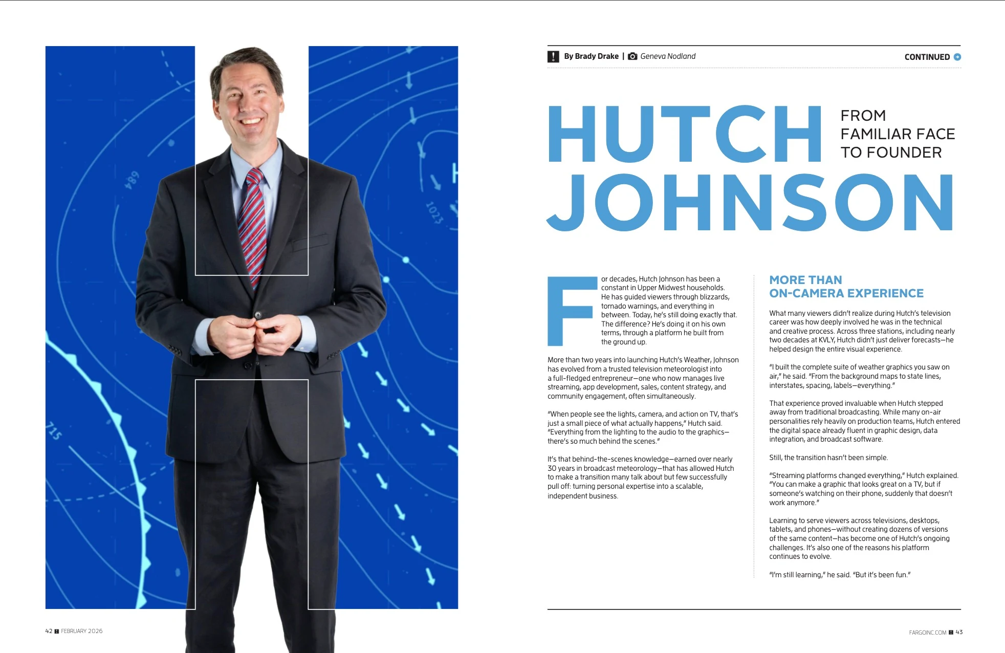 Hutch Johnson — From Familiar Face to Founder. Fargo INC! February 2026; original photography, page design and credits.
