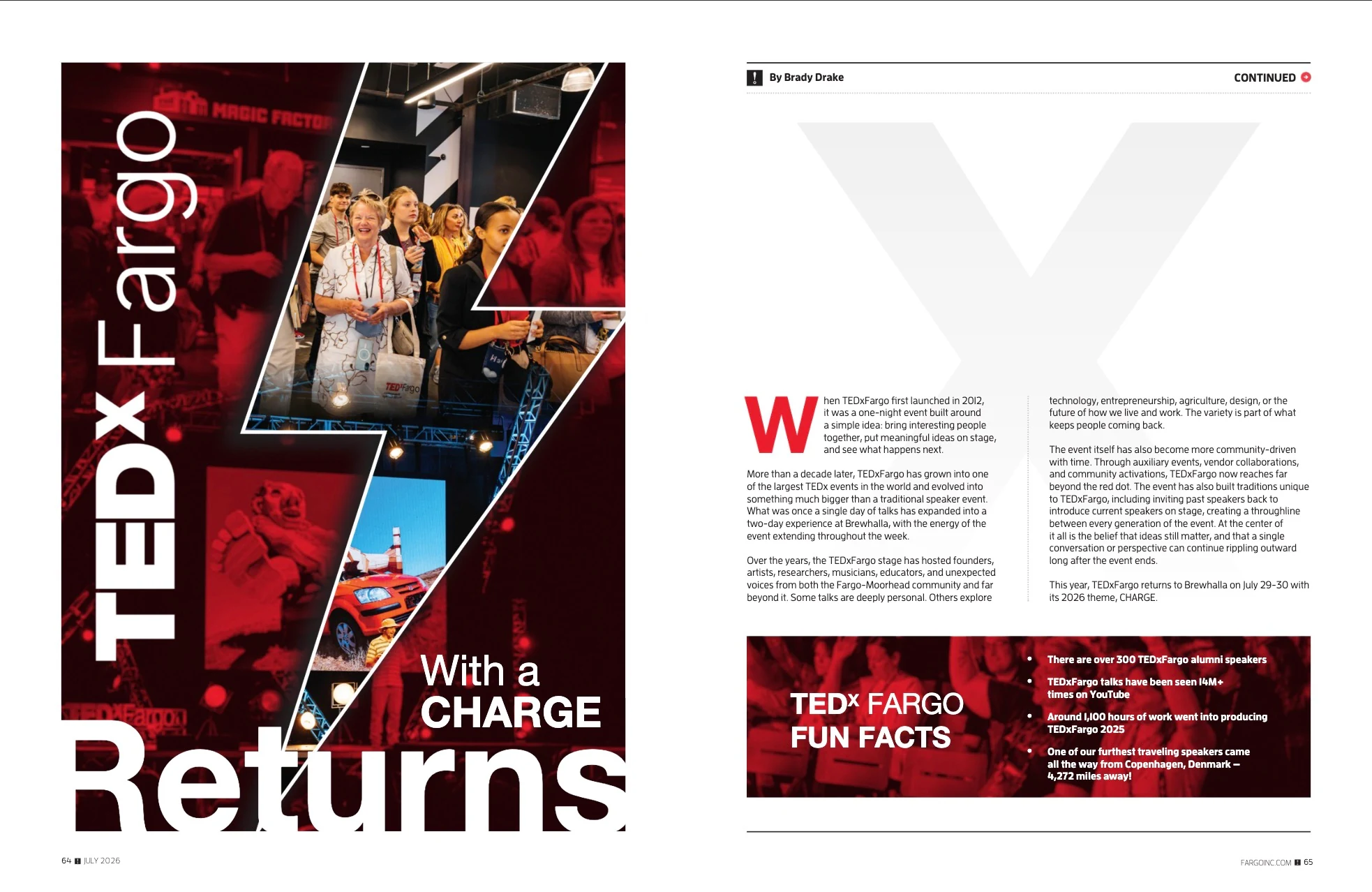 TEDxFargo Returns with a Charge. Fargo INC! July 2026; original photography, page design and credits.
