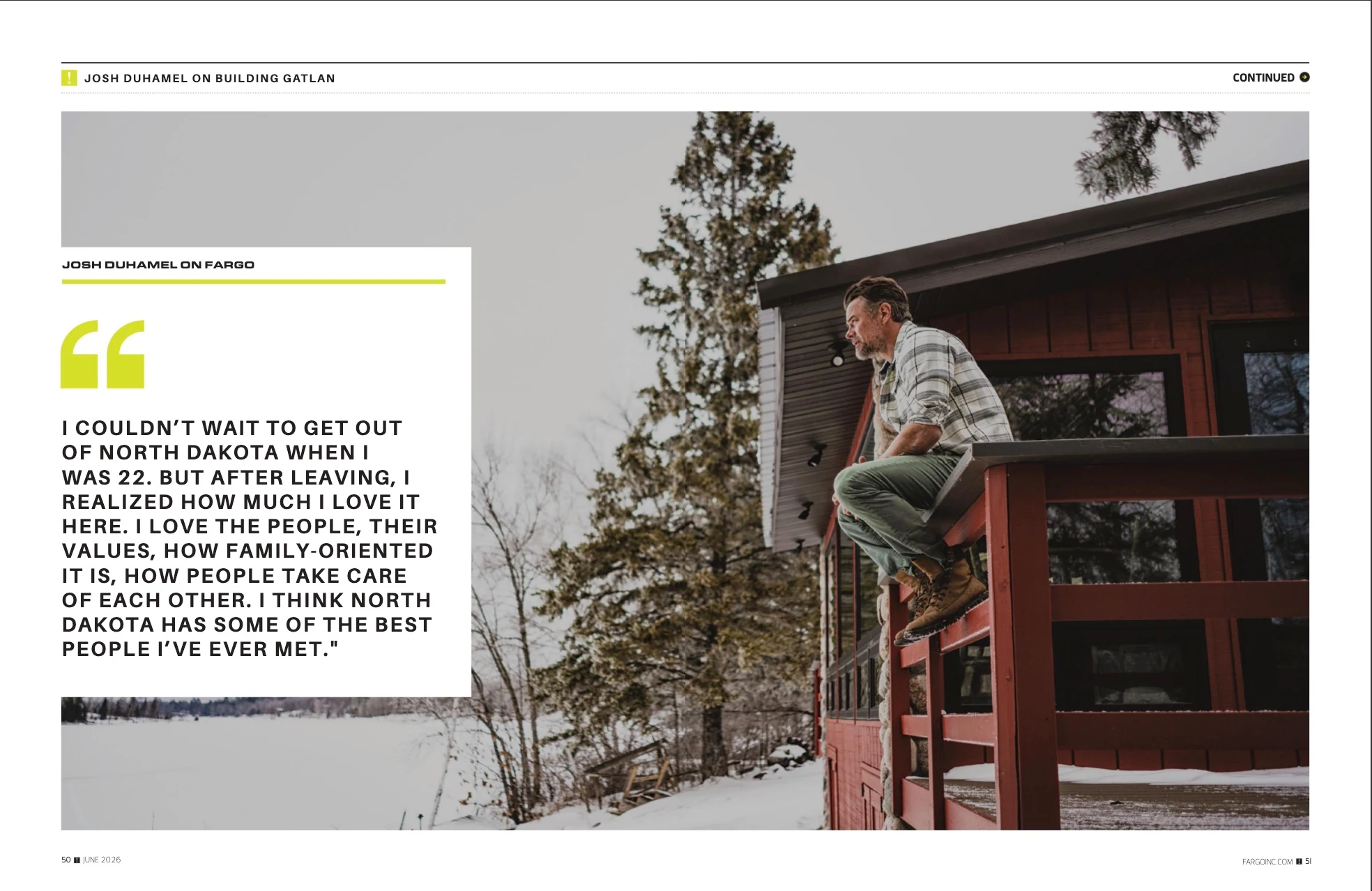 Josh Duhamel on Fargo. Fargo INC! June 2026; original photography, page design and credits.
