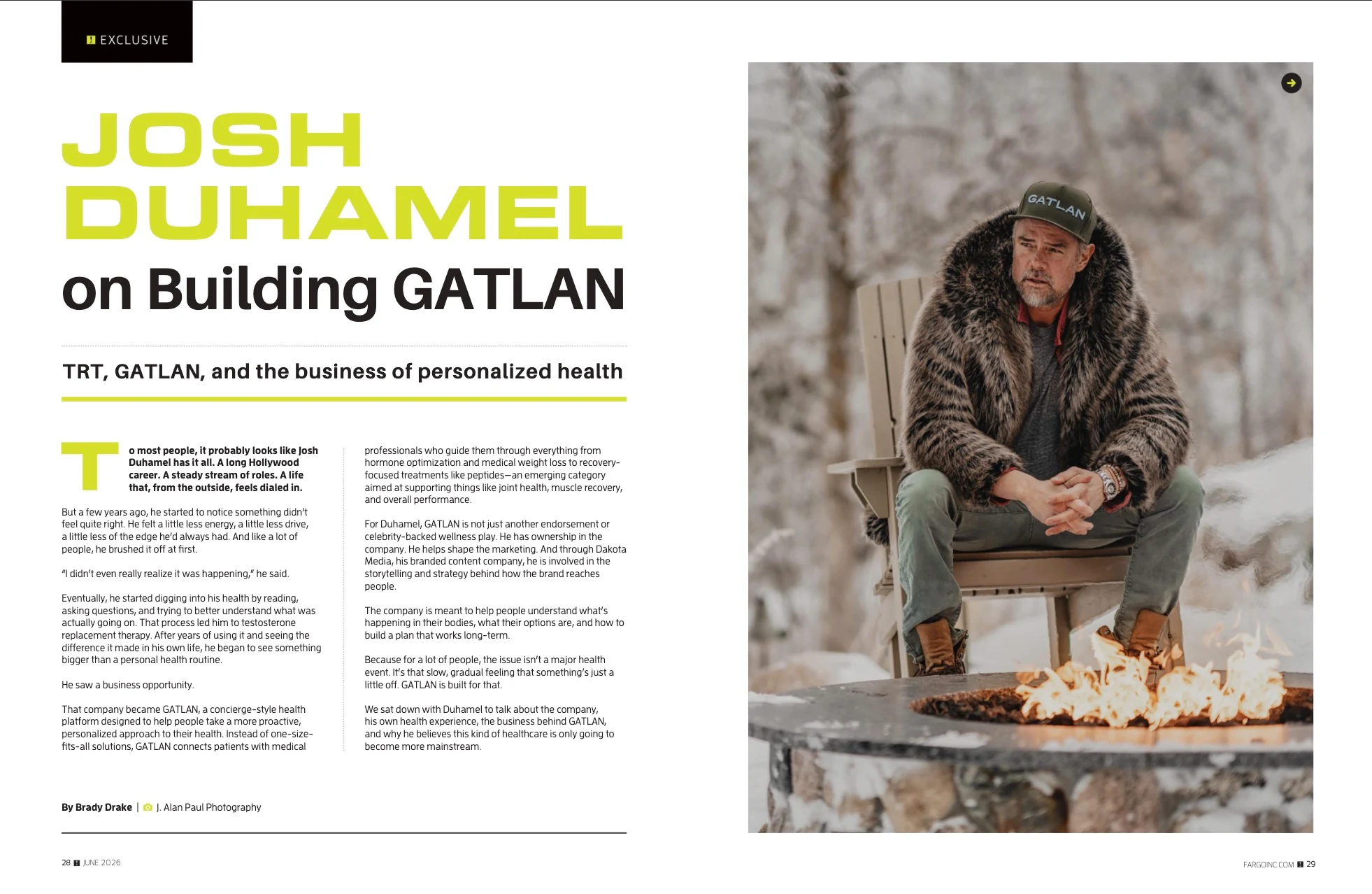 Josh Duhamel on Building GATLAN. Fargo INC! June 2026; original photography, page design and credits.