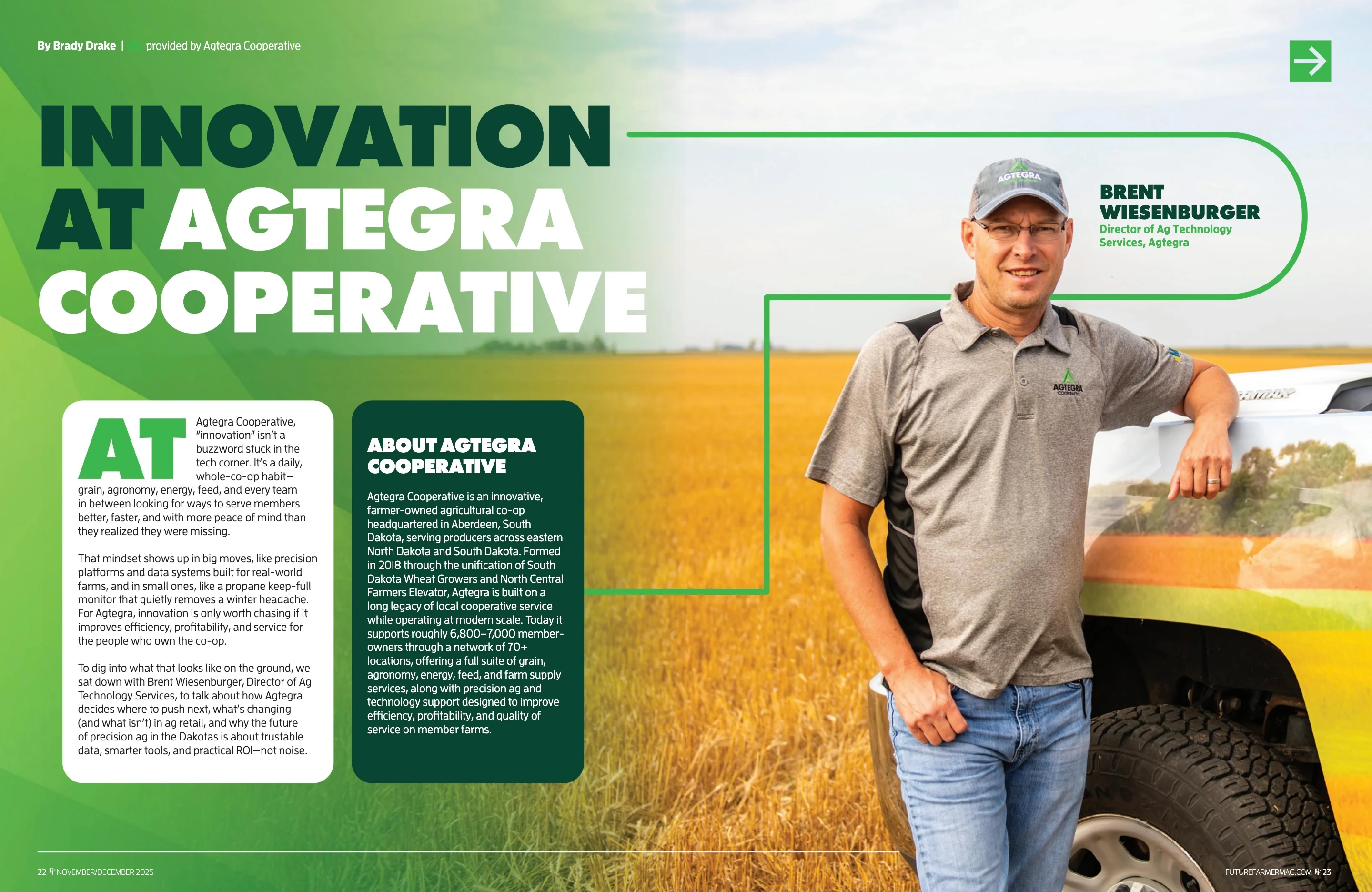 Innovation at Agtegra Cooperative. Future Farmer November / December 2025; original photography, page design and credits.