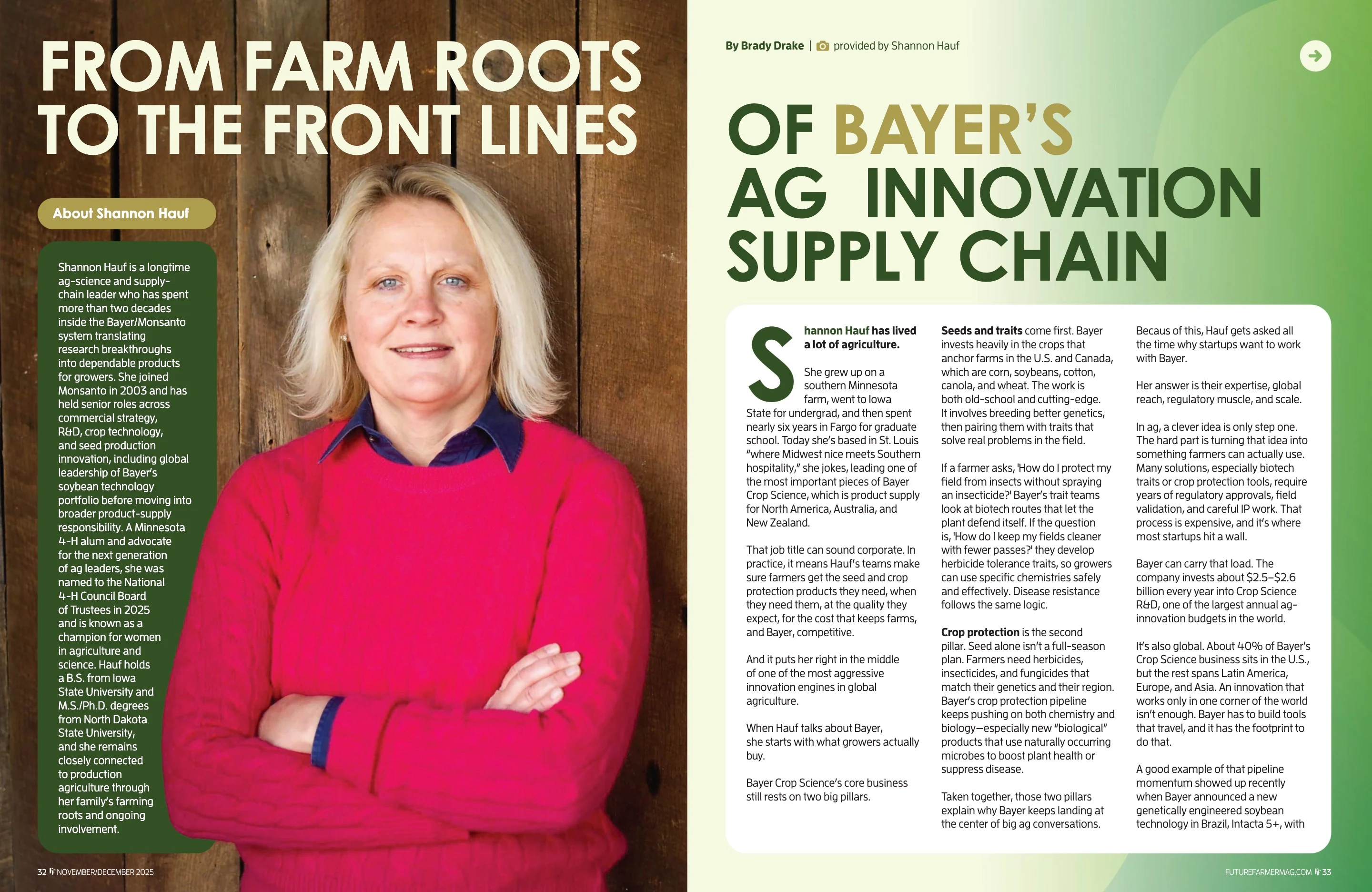 Shannon Hauf — From Farm Roots to Ag Innovation. Future Farmer November / December 2025; original photography, page design and credits.