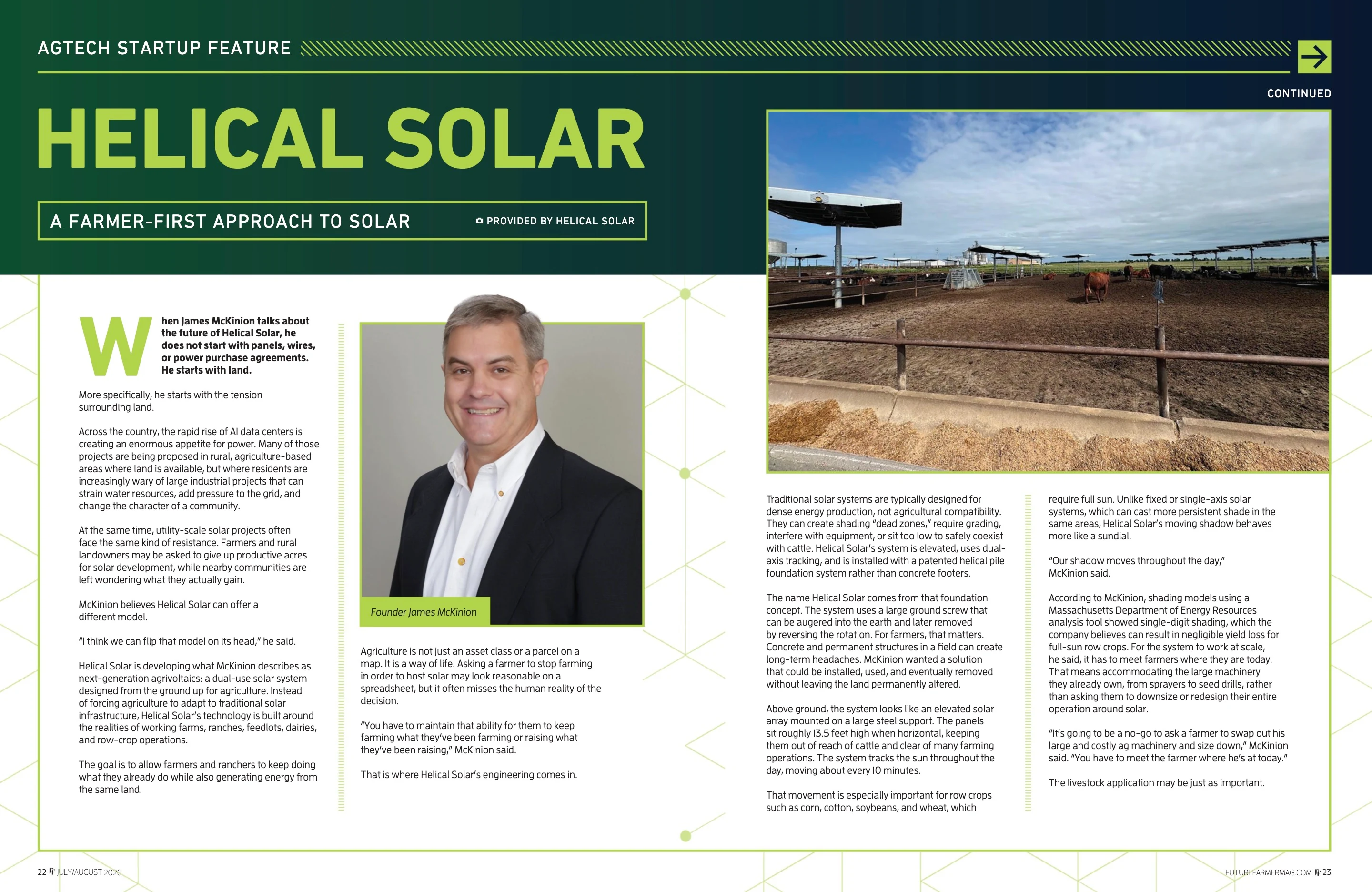 Helical Solar. Future Farmer July / August 2026; original photography, page design and credits.