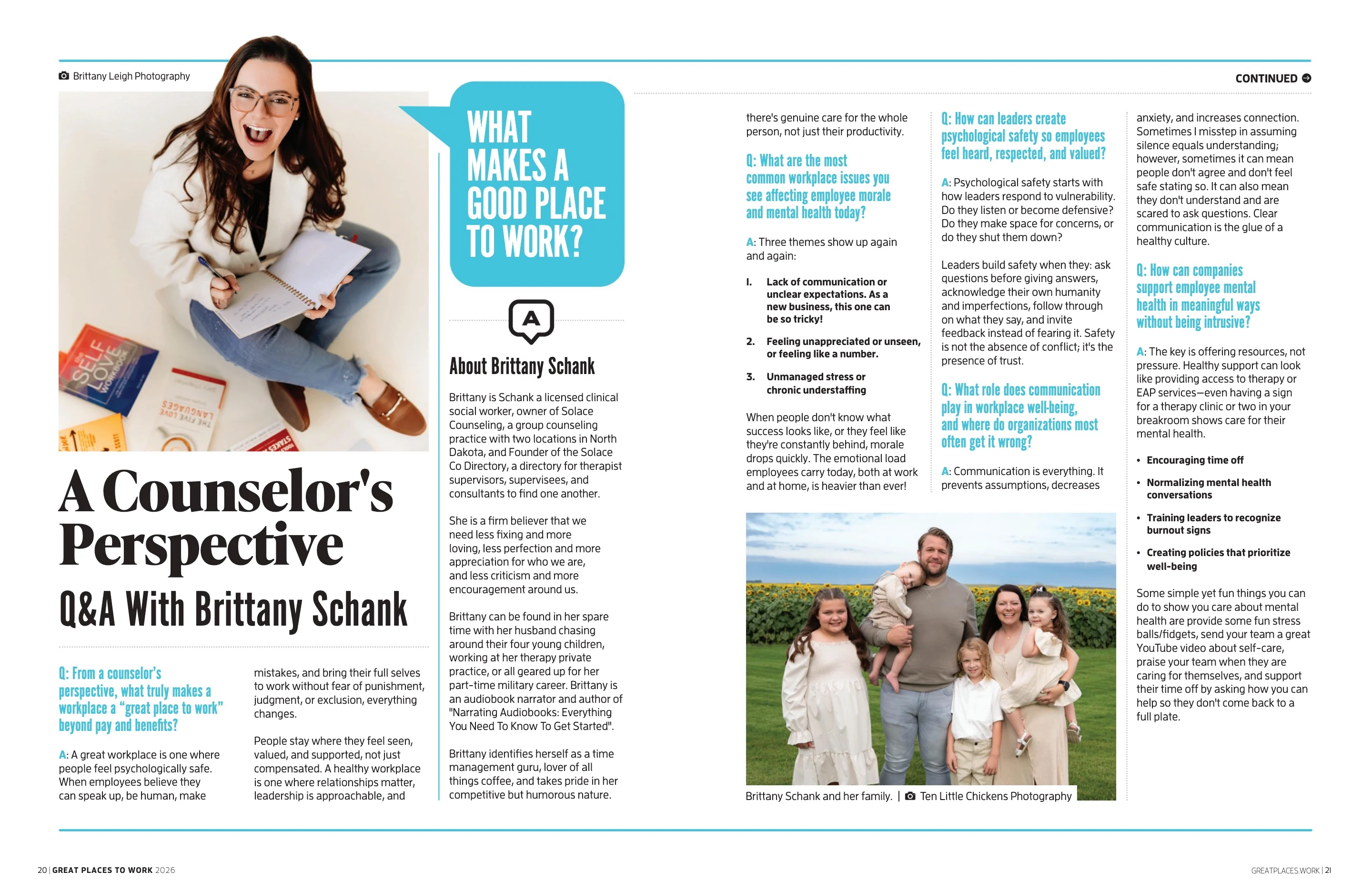 A Counselor’s Perspective — Brittany Schank. Great Places to Work 2026; original photography, page design and credits.