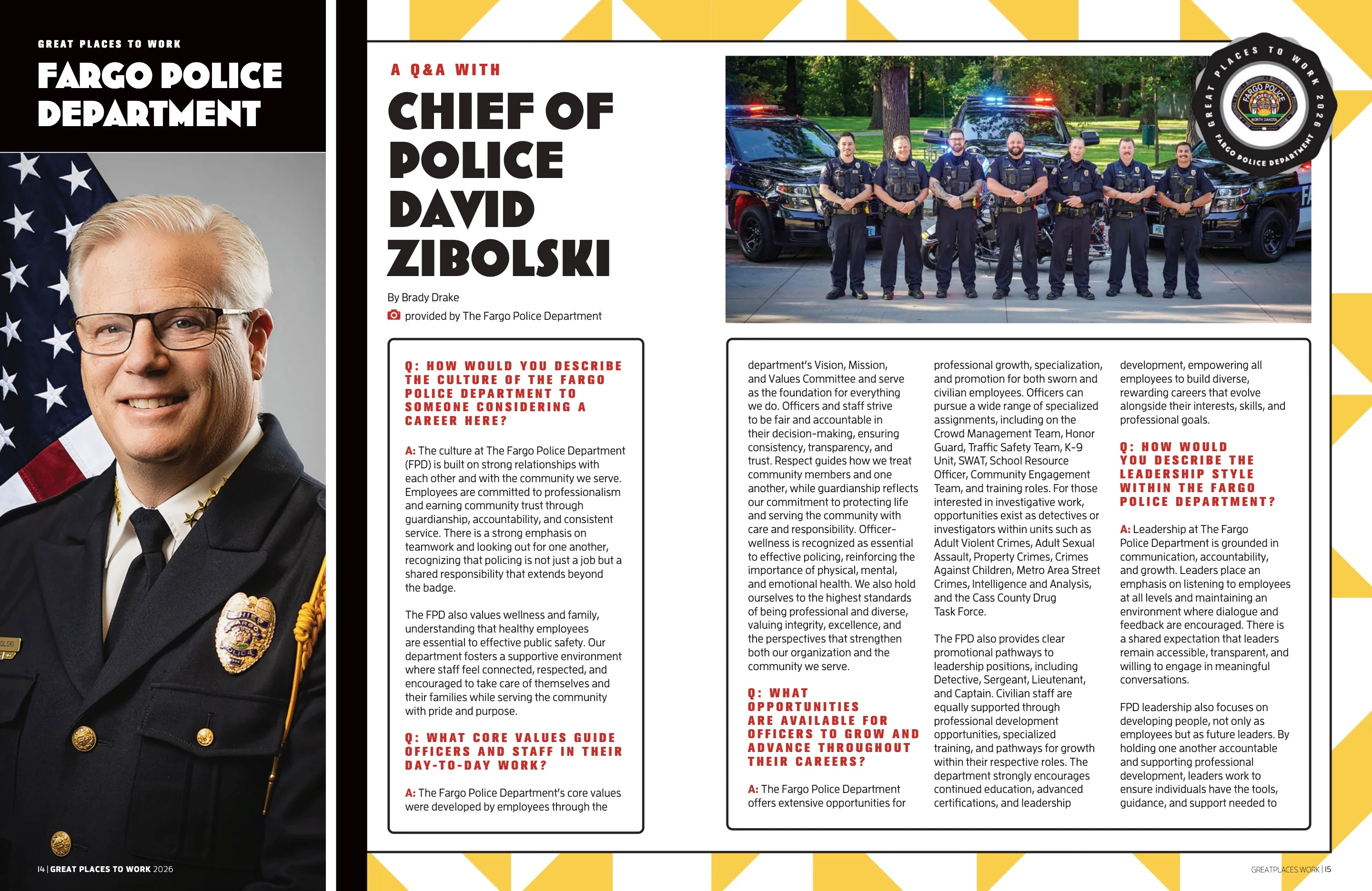 Fargo Police Department — David Zibolski. Great Places to Work 2026; original photography, page design and credits.