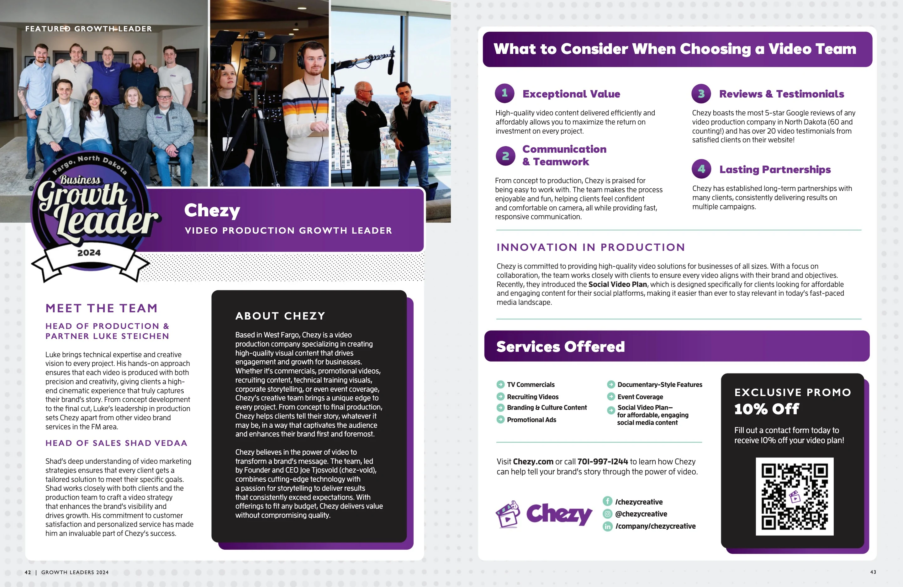 Chezy — Video Production. Growth Leaders 2024; original photography, page design and credits.