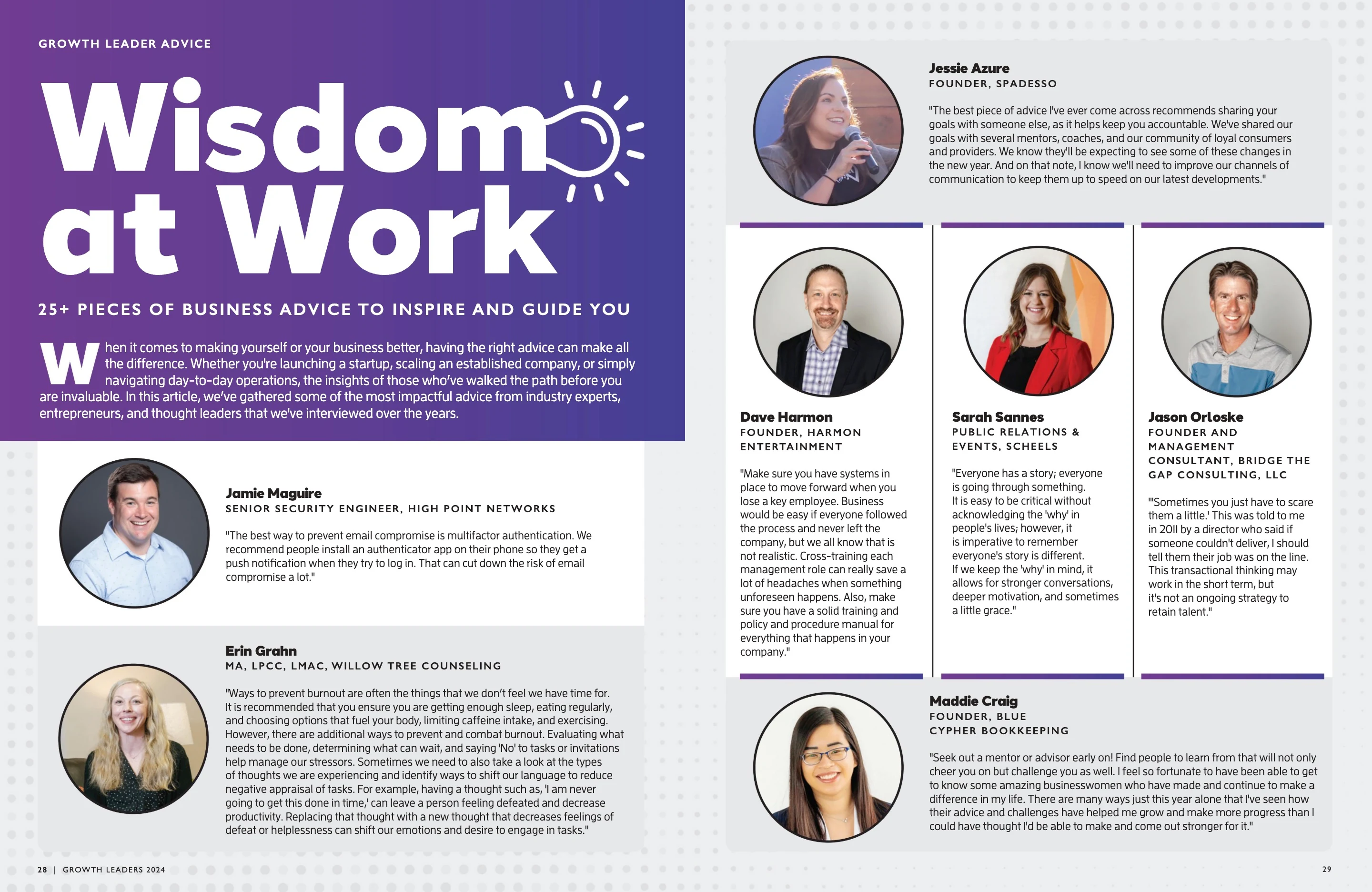 Wisdom at Work. Growth Leaders 2024; original photography, page design and credits.