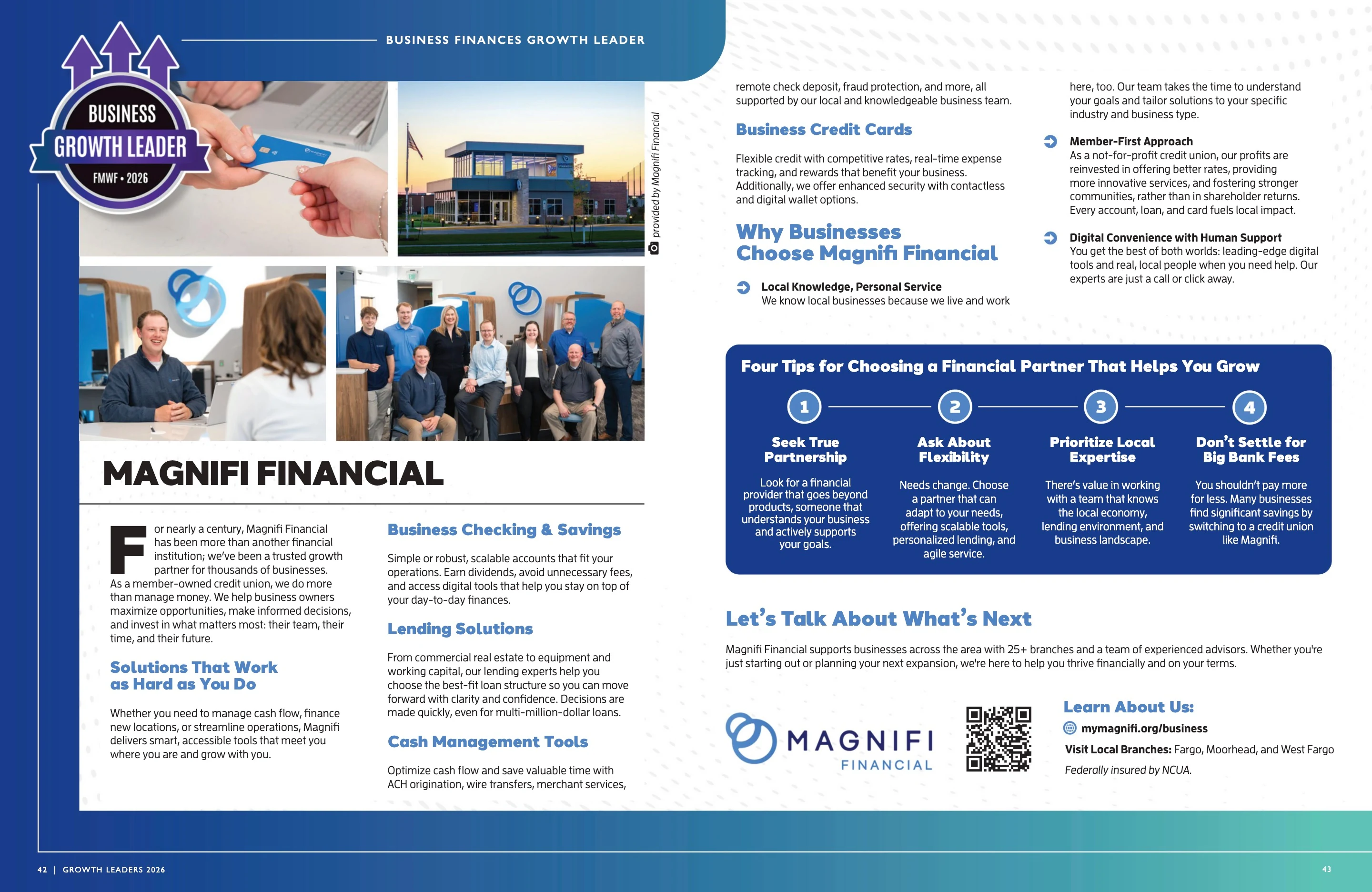 Magnifi Financial — Business Finances. Growth Leaders 2026; original photography, page design and credits.