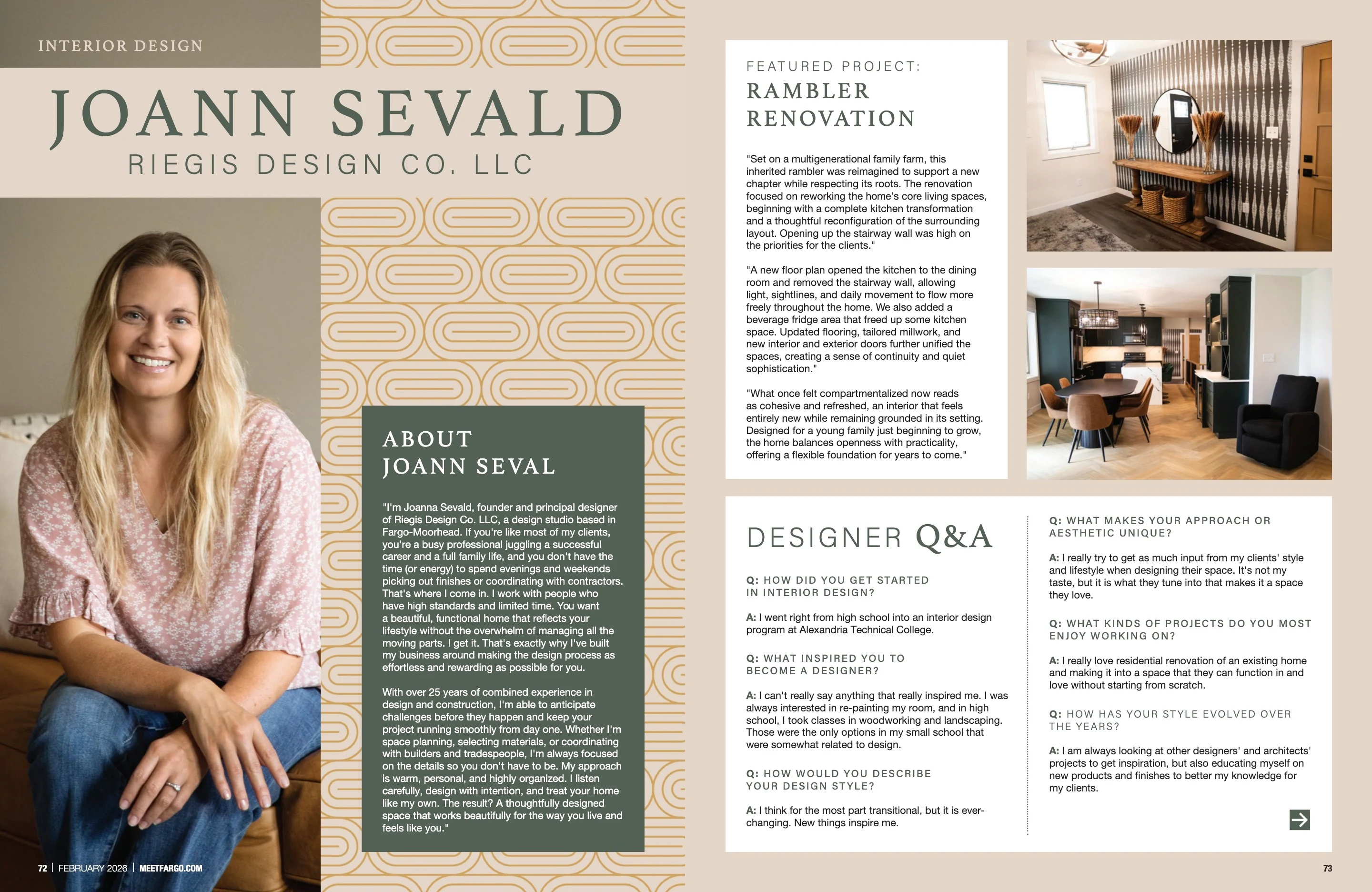 Joann Sevald — Interior Design. Meet Fargo February 2026; original photography, page design and credits.