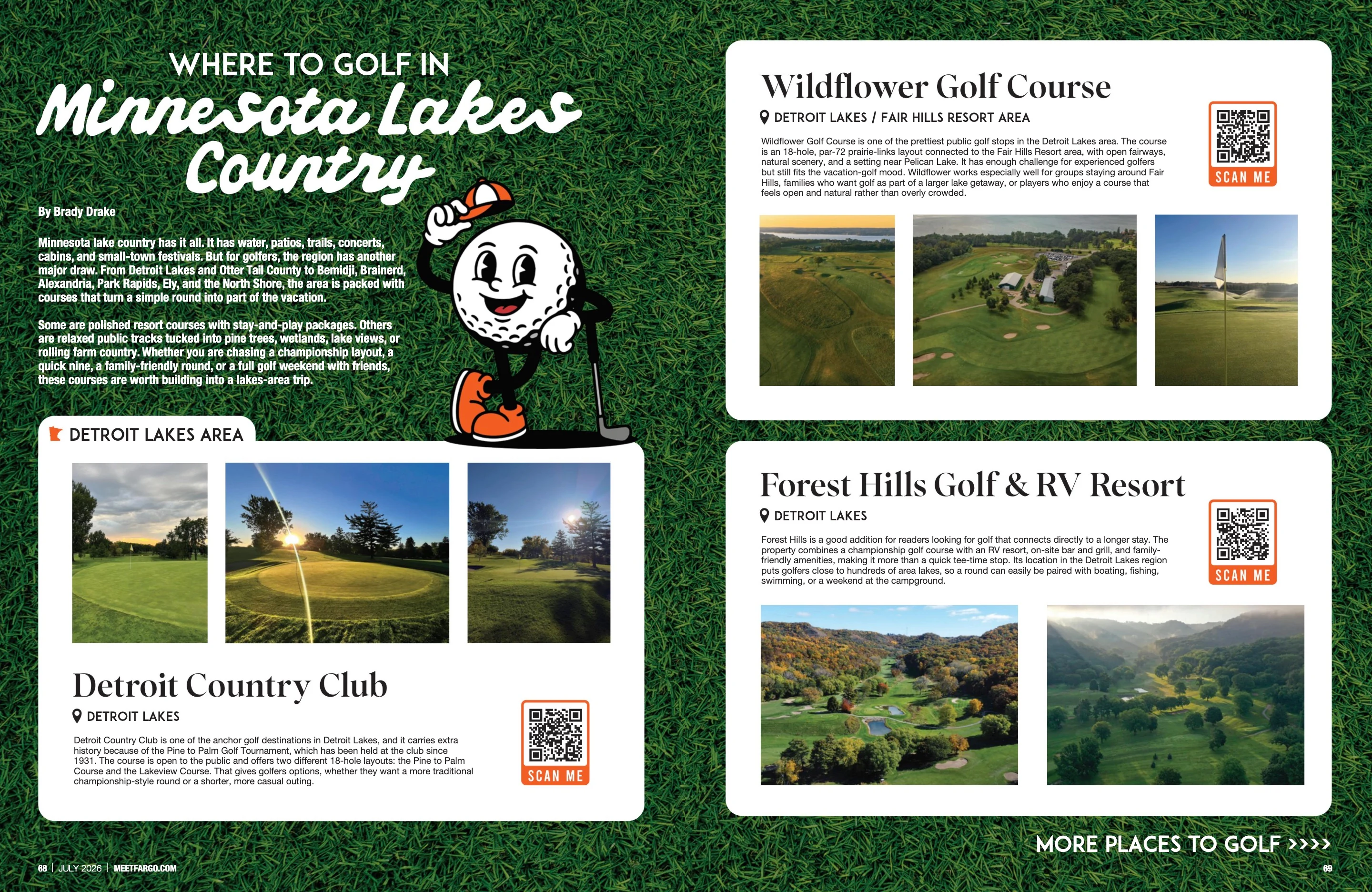 Where to Golf in Minnesota Lakes Country. Meet Fargo July 2026; original photography, page design and credits.