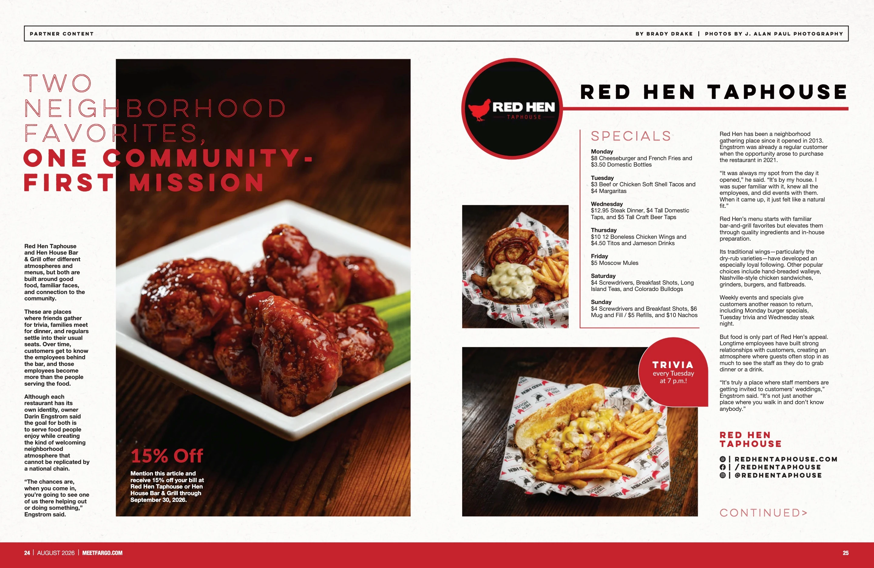 Red Hen Taphouse — Community First. Meet Fargo August 2026; original photography, page design and credits.