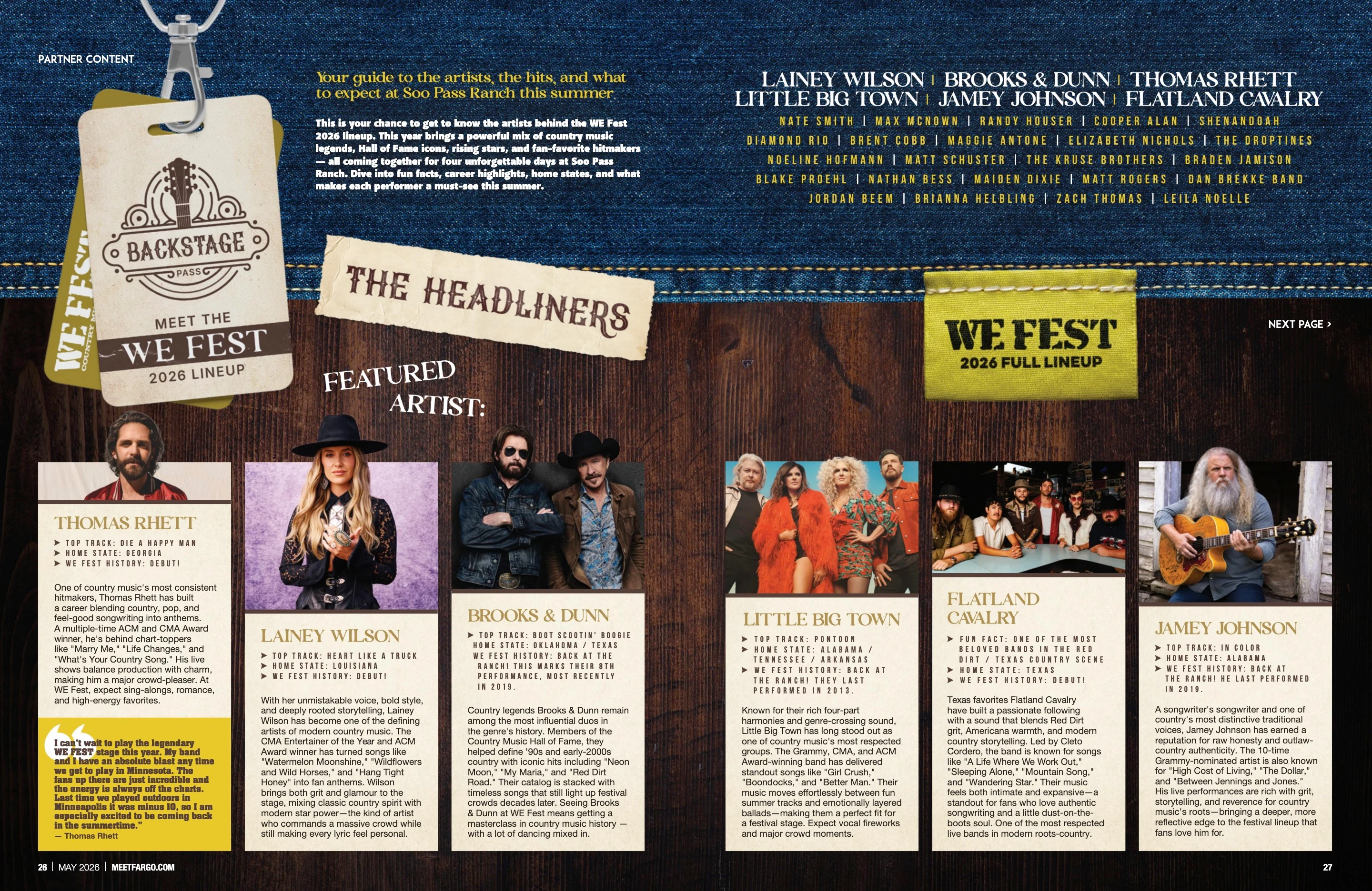 WE Fest — Behind the Lineup. Meet Fargo May 2026; original photography, page design and credits.