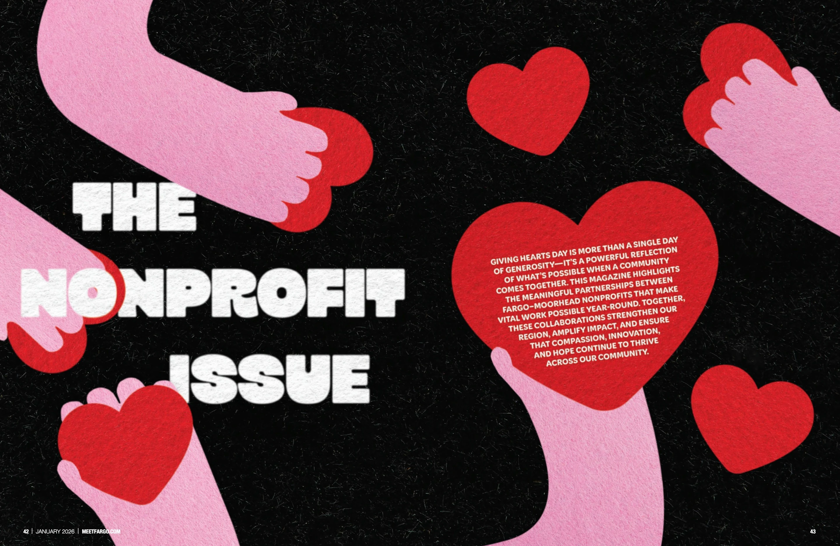 The Nonprofit Issue. Meet Fargo January 2026; original photography, page design and credits.