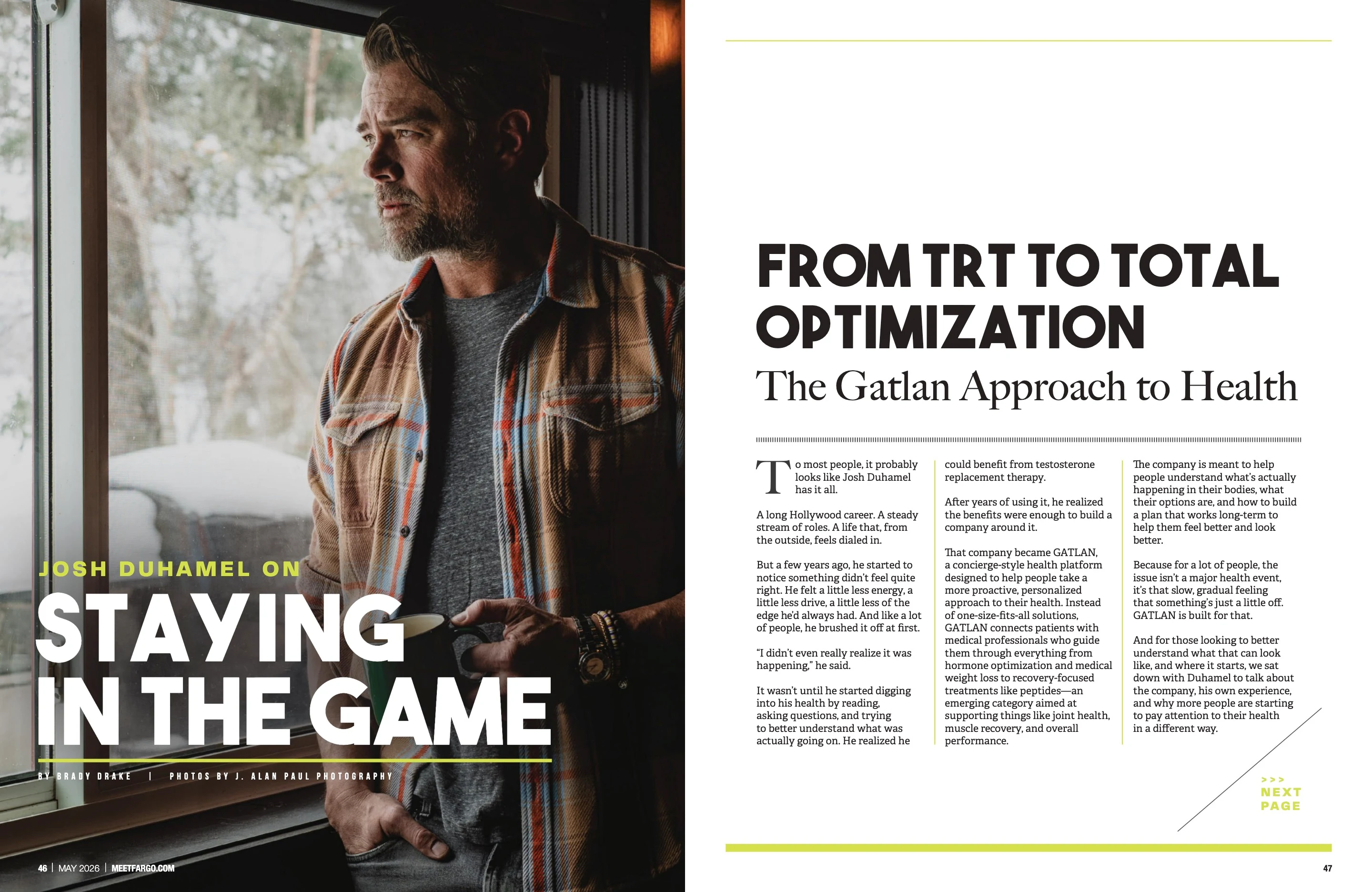 Josh Duhamel — Staying in the Game. Meet Fargo May 2026; original photography, page design and credits.