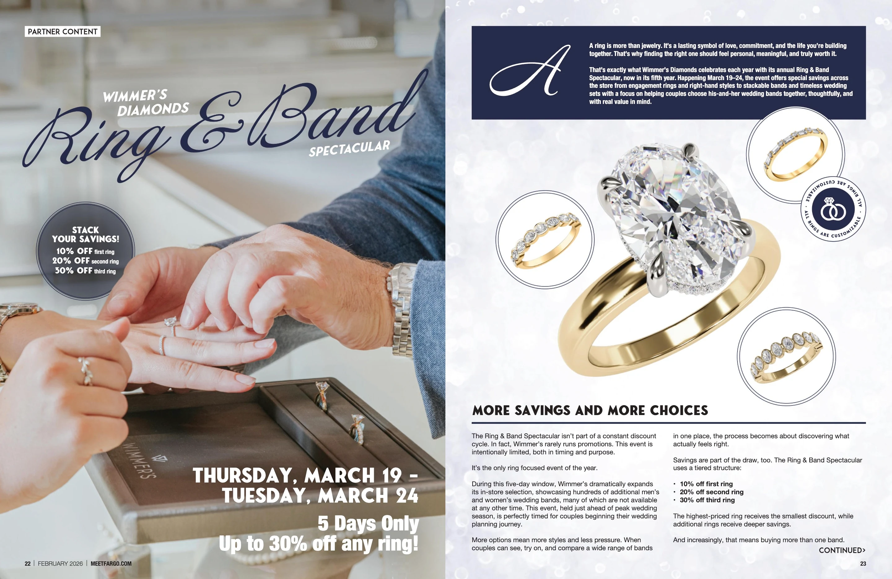 Wimmer’s Diamonds — Ring & Band Spectacular. Meet Fargo February 2026; original photography, page design and credits.