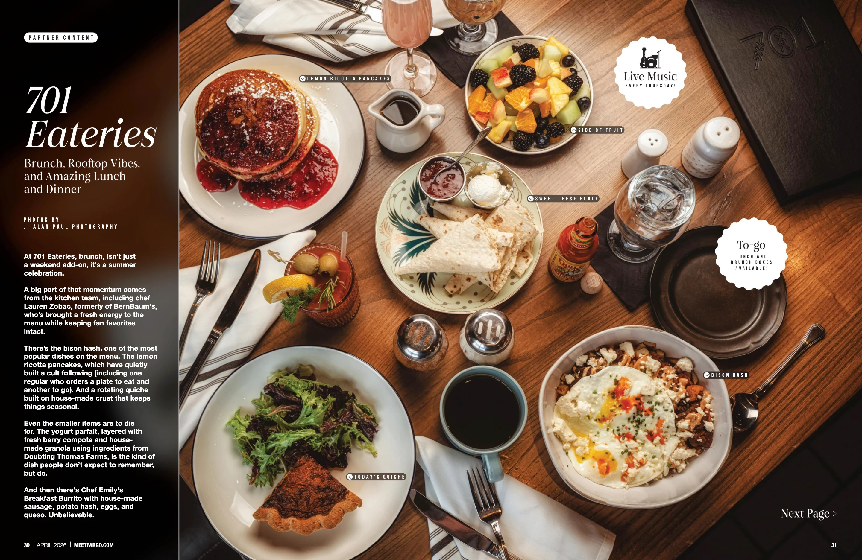701 Eateries. Meet Fargo April 2026; original photography, page design and credits.