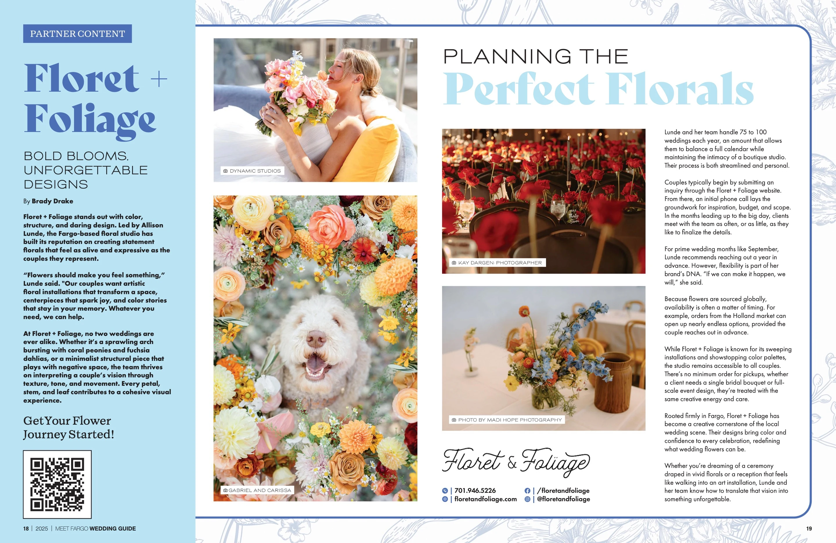 Floret + Foliage — Planning the Perfect Florals. Meet Fargo Wedding Guide 2025; original photography, page design and credits.