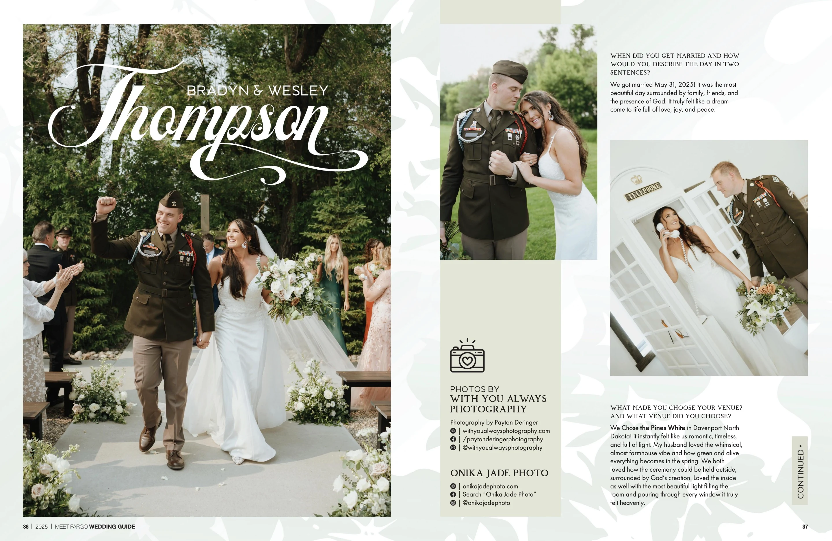 Bradyn & Wesley Thompson. Meet Fargo Wedding Guide 2025; original photography, page design and credits.