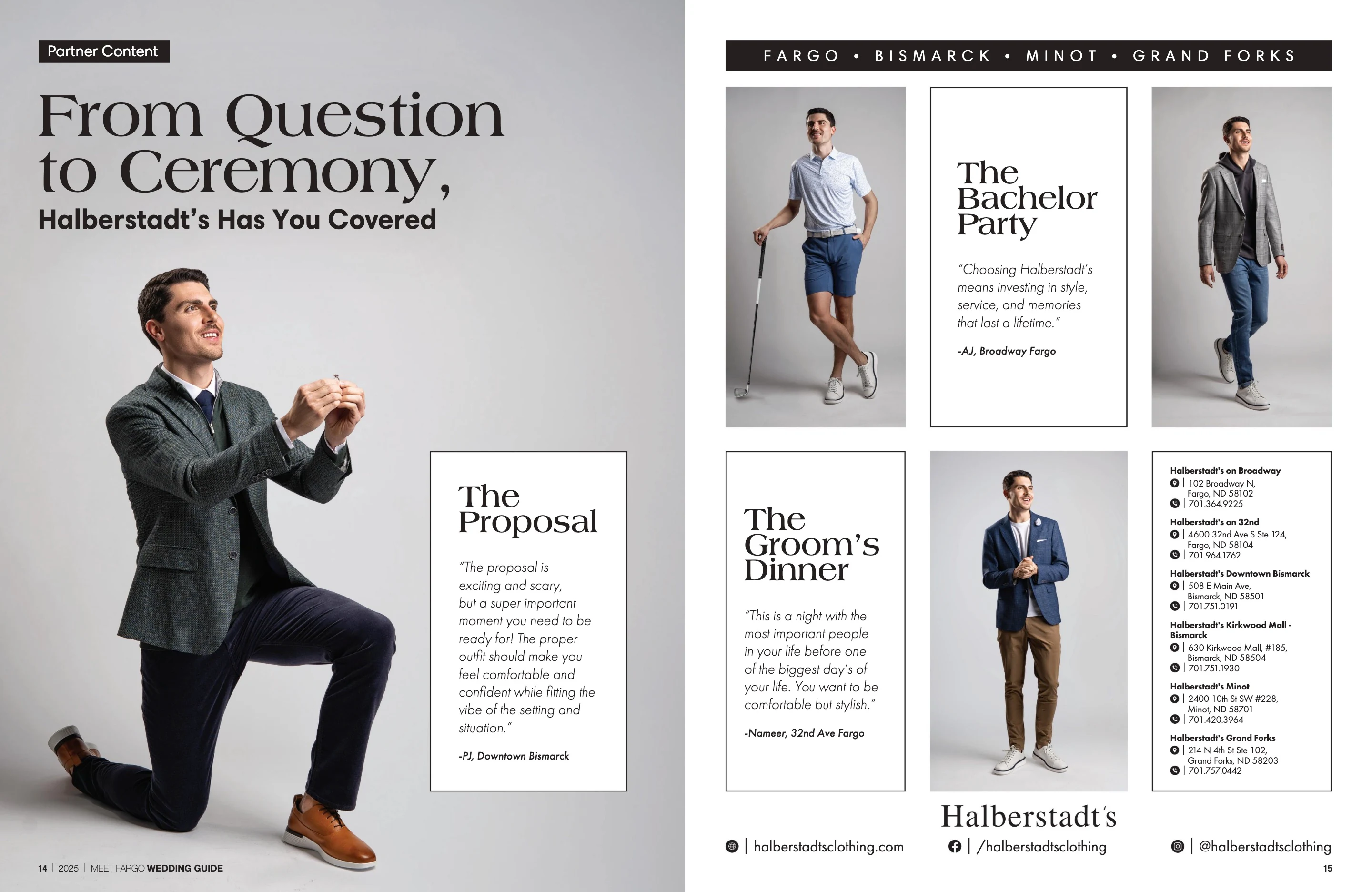 Halberstadt’s — From Question to Ceremony. Meet Fargo Wedding Guide 2025; original photography, page design and credits.