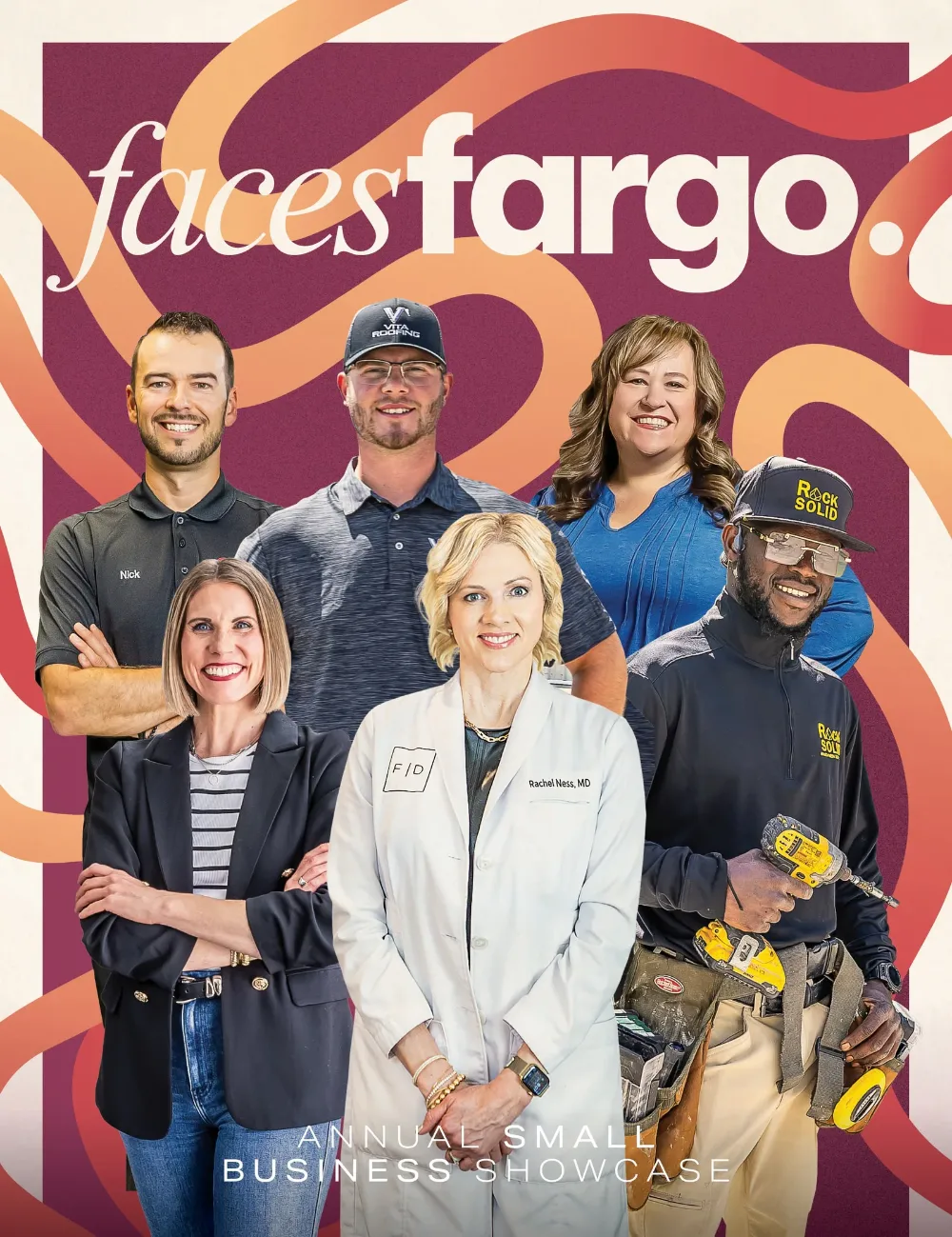 Faces of Fargo cover, new masthead: eight local business people on a maroon background with colour swirls