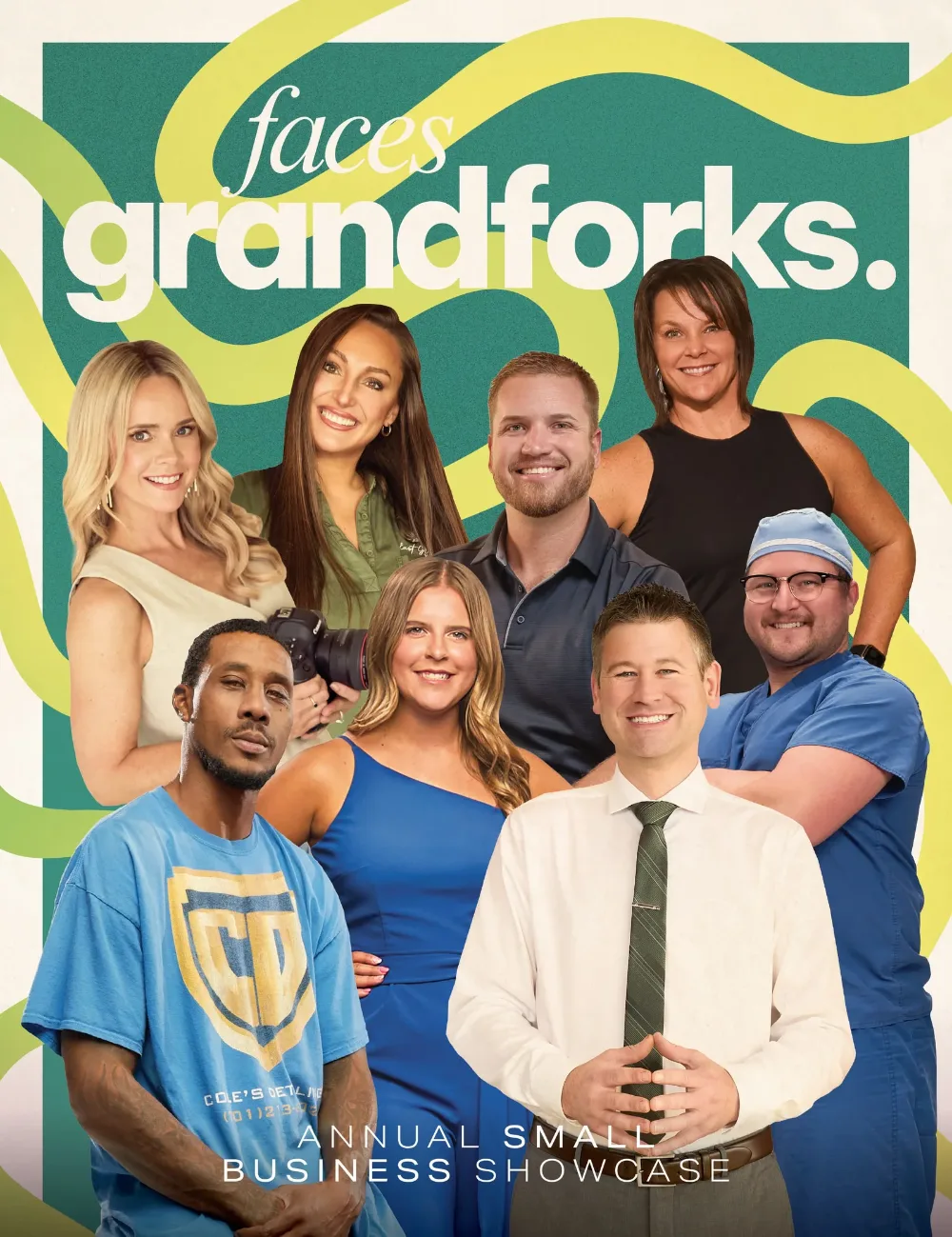 Faces of Grand Forks cover, new masthead: nine local business people on green