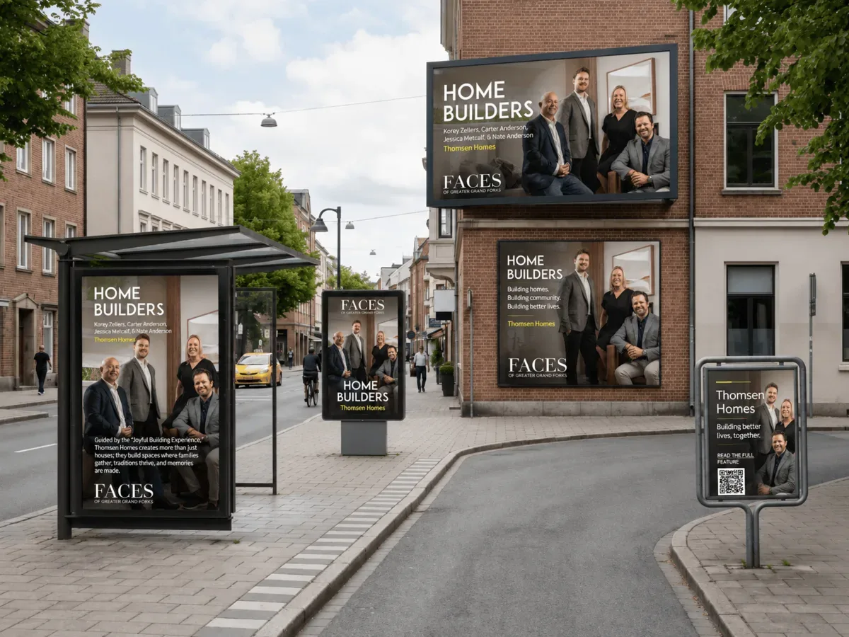 Outdoor-advertising mockup placing a Grand Forks Thomsen Homes feature on street posters, a bus shelter and wall boards.