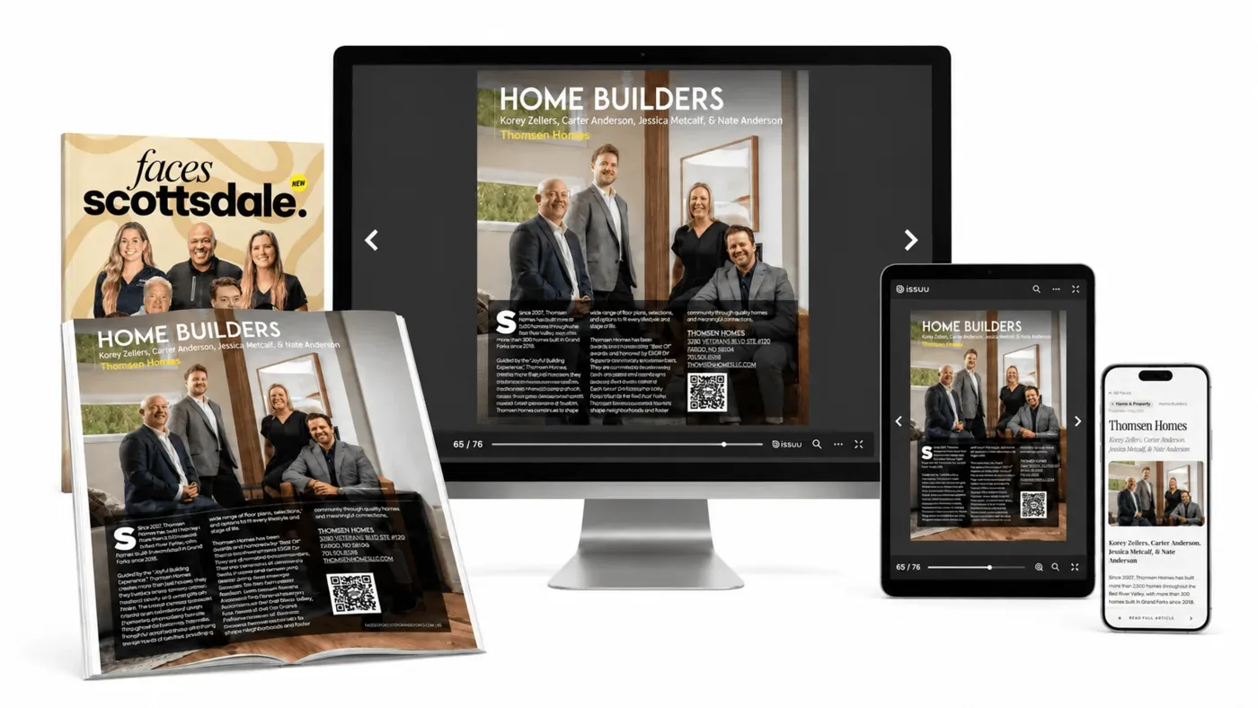 Digital-edition mockup pairing a Scottsdale cover with the Thomsen Homes Home Builders feature on desktop, tablet and phone.