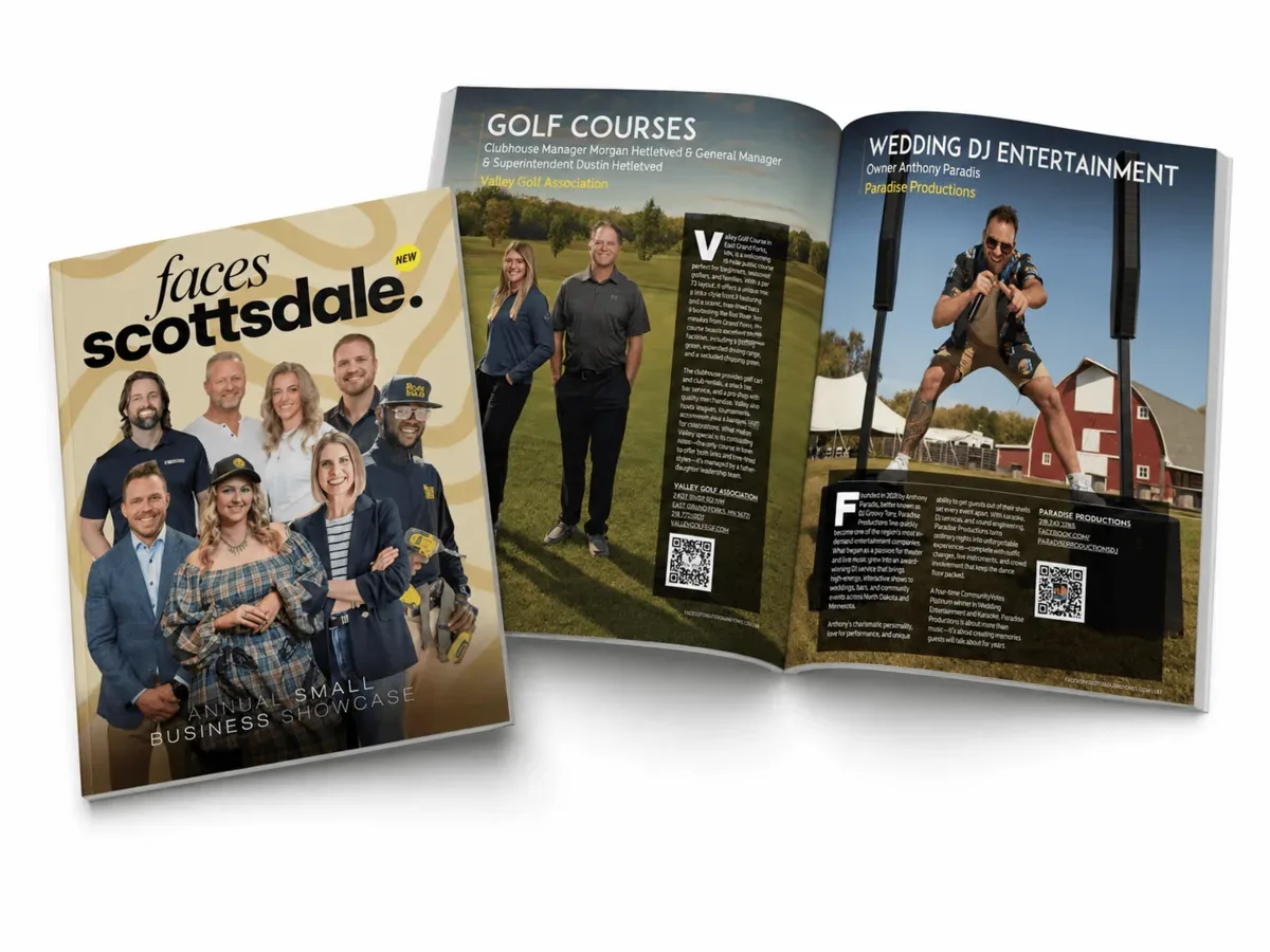 Scottsdale cover mockup beside an open magazine showing Grand Forks 2025 Golf Courses and Wedding DJ Entertainment pages.
