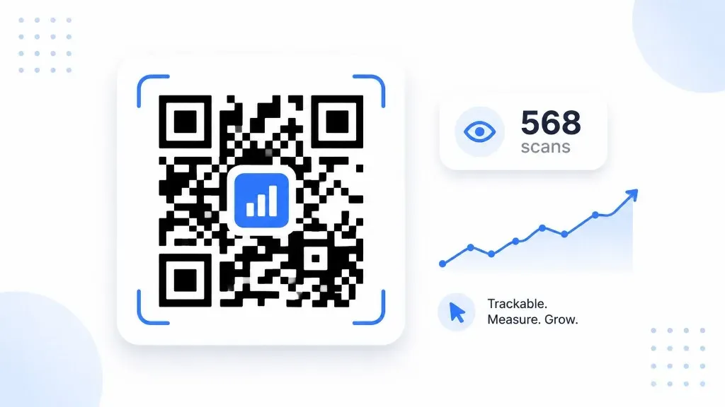 Illustration of a QR code beside a sample 568-scan count and rising line chart.