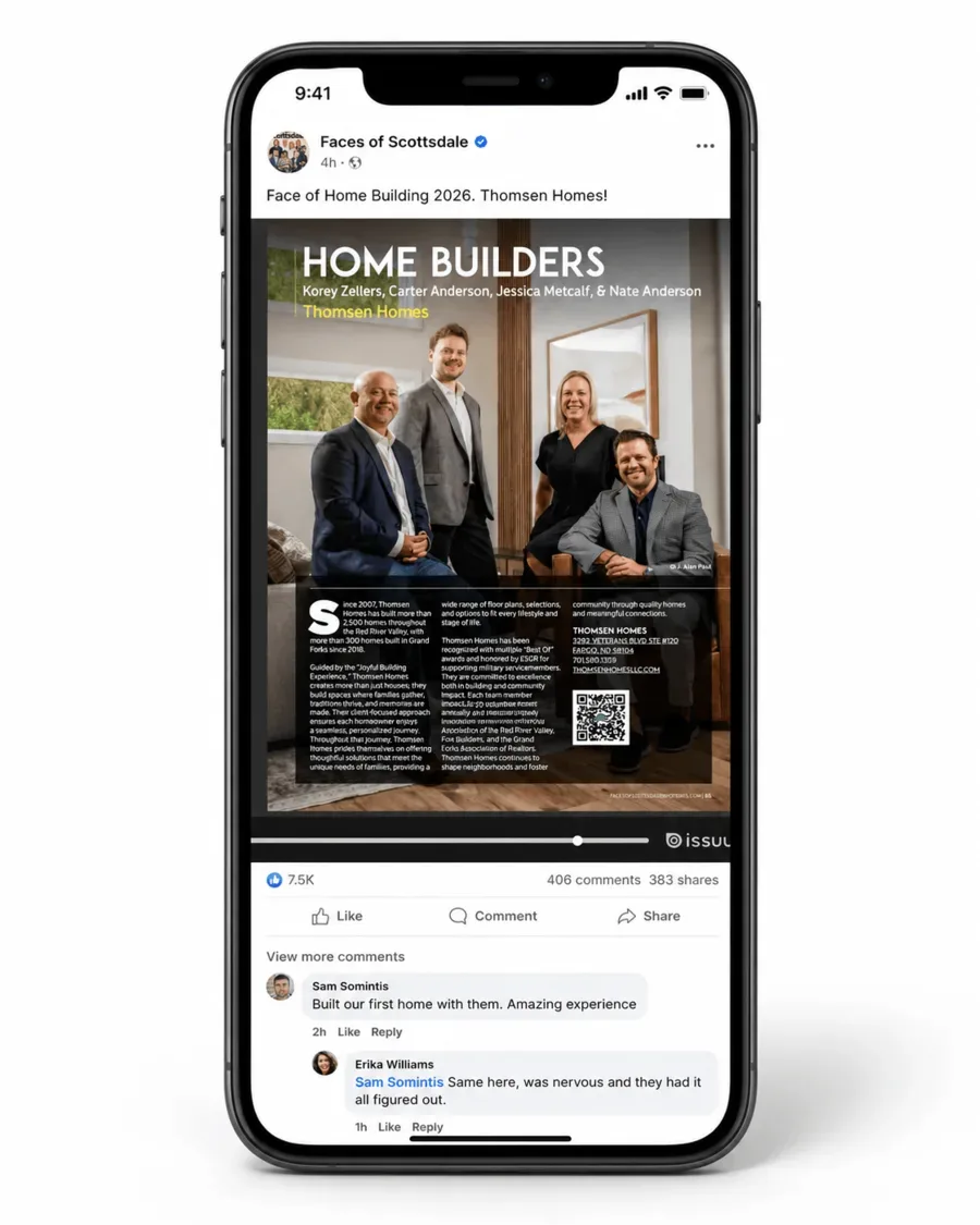 Social-post mockup showing a Thomsen Homes feature on a phone, with illustrative comments and engagement counts.