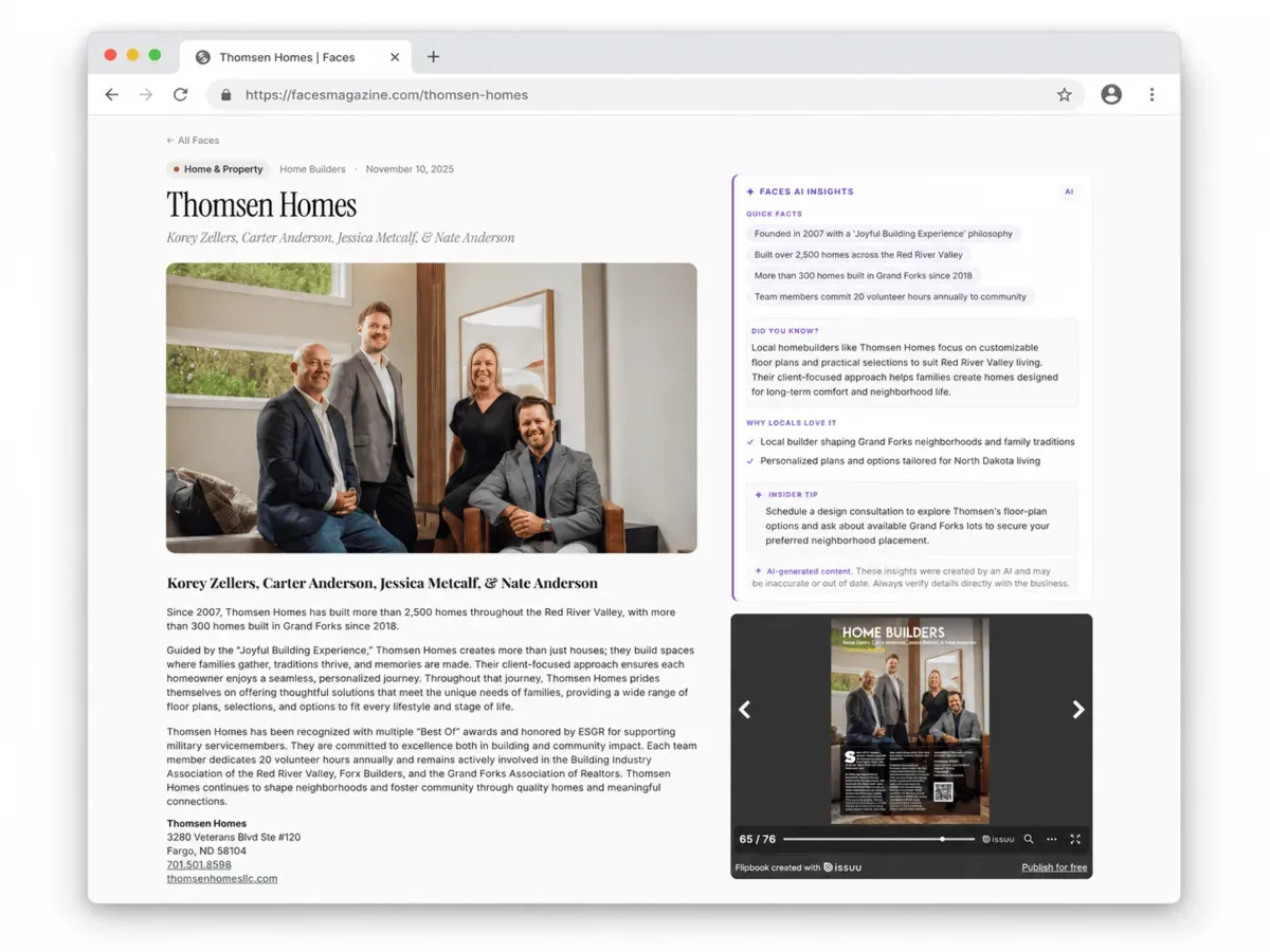 Web-article mockup for Thomsen Homes with a portrait, story and sample AI-insights panel.