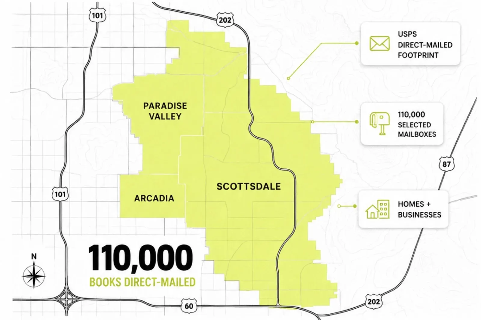 Faces of Scottsdale delivery footprint: USPS direct mail to 110,000 selected mailboxes across Paradise Valley, Arcadia and Scottsdale