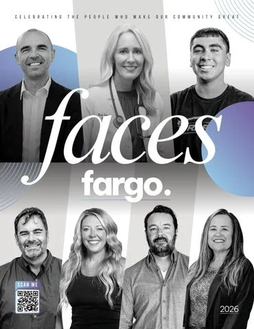 Faces of Fargo-Moorhead 2026 cover: black-and-white portraits of seven local business people