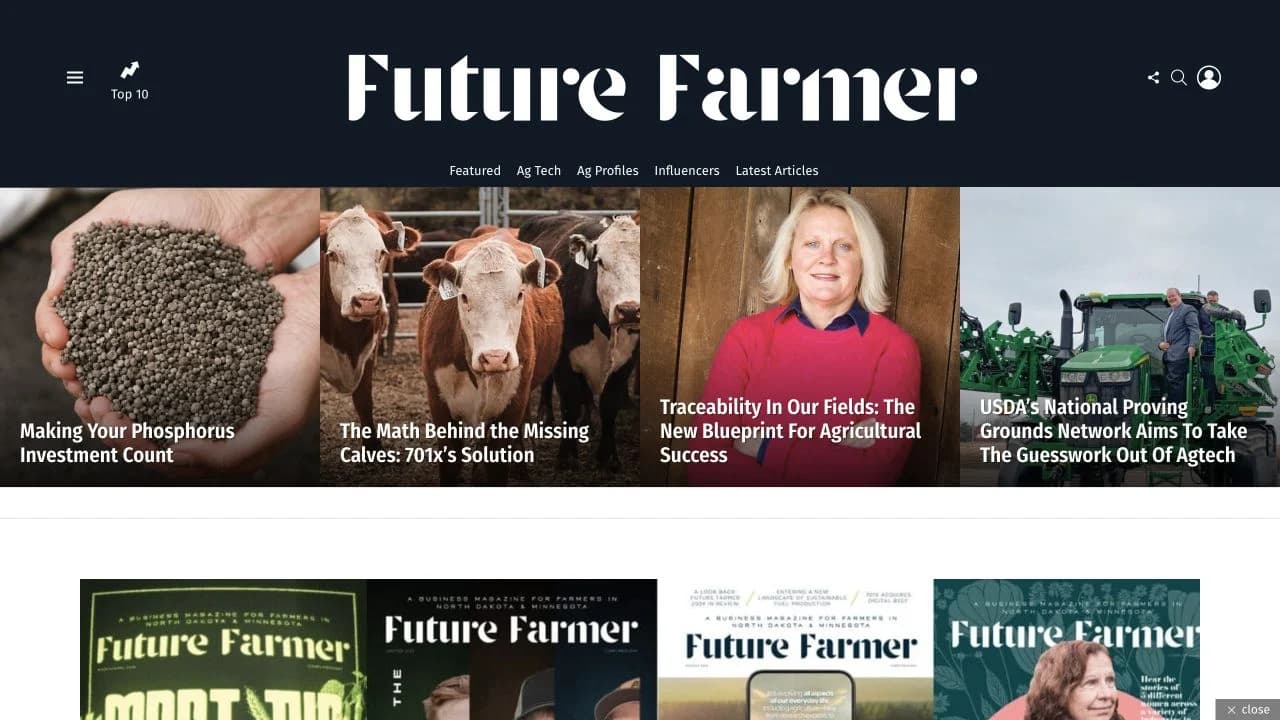 Future Farmer website screenshot showing real stories and publication branding