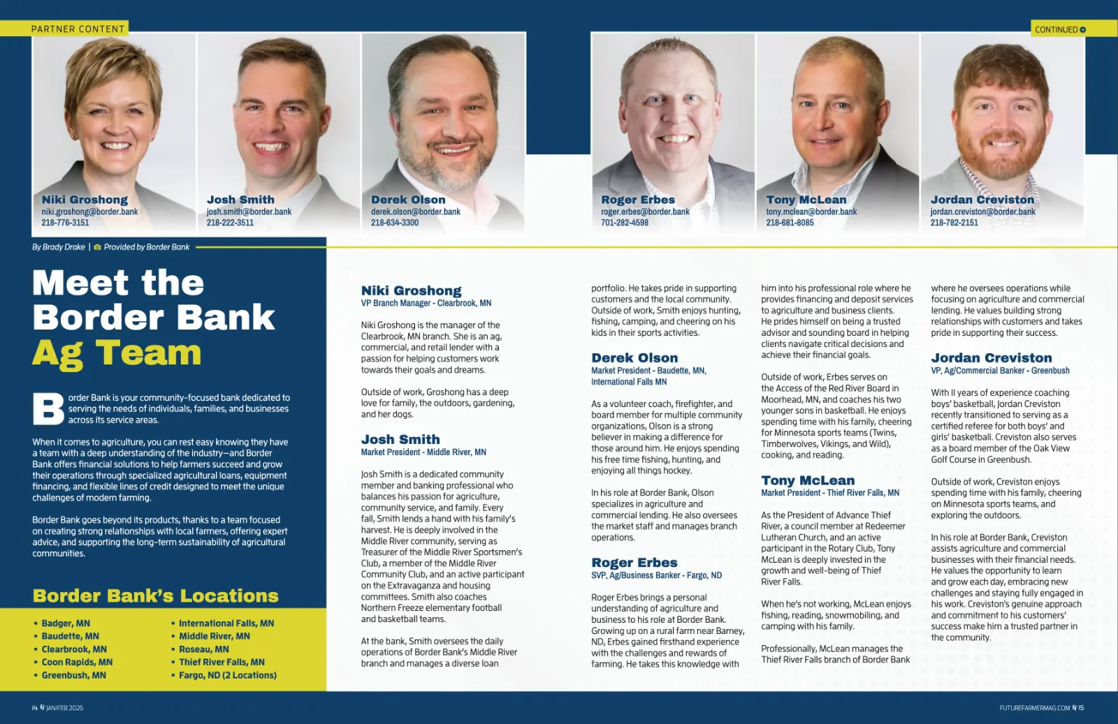 Border Bank Ag Team partner-content spread in Future Farmer, January–February 2025