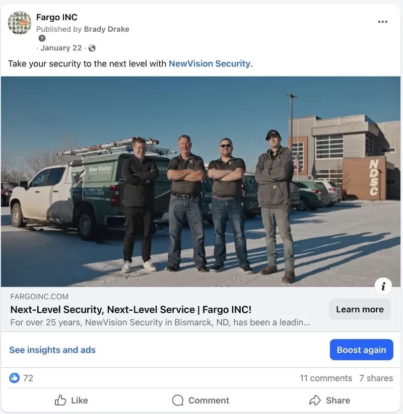 Fargo Inc Facebook post promoting the NewVision article