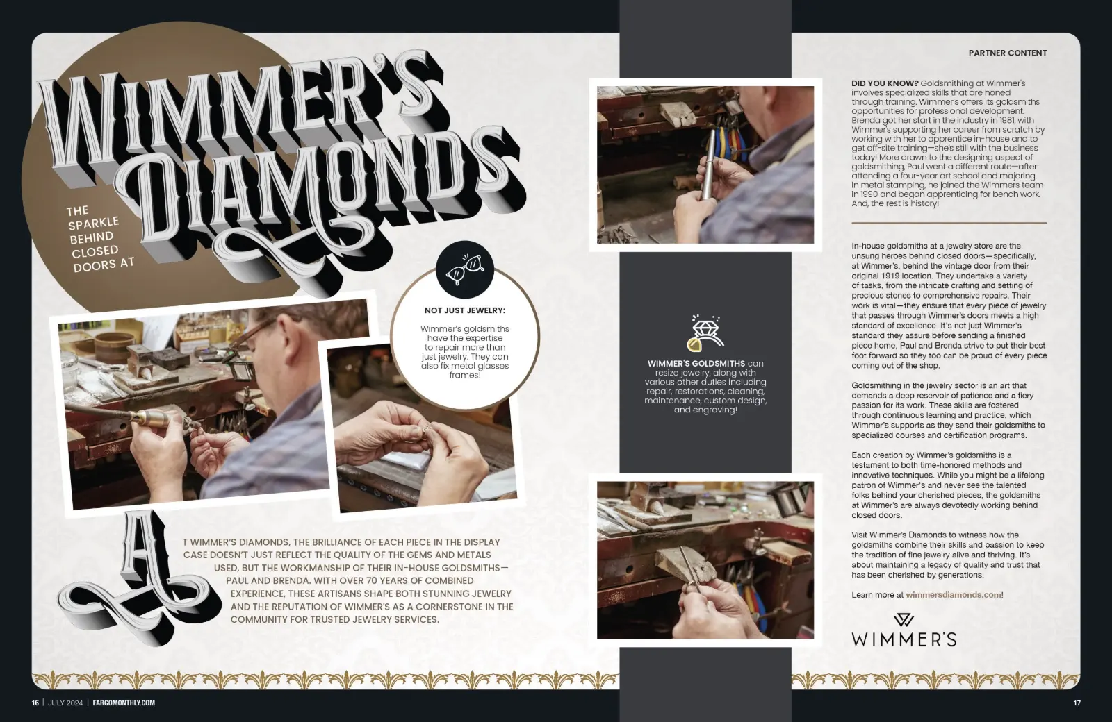 Wimmer’s Diamonds partner-content spread in Fargo Monthly, July 2024